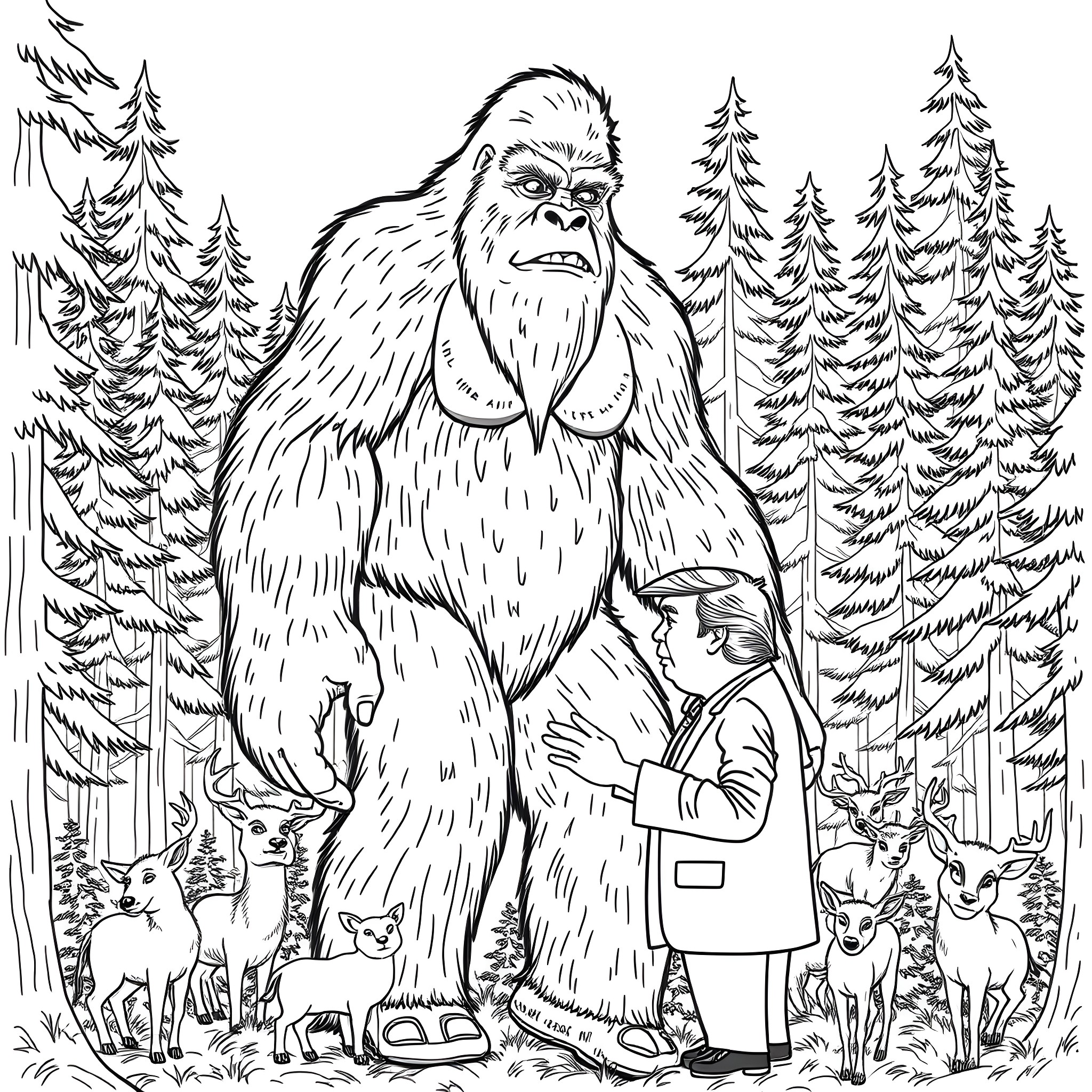 Bigfoot observing the forest creatures in the wilderness Coloring Page (free black-and-white line drawing printable PDF for all, from beginners to advanced learners, including children, teens, adults, and seniors)