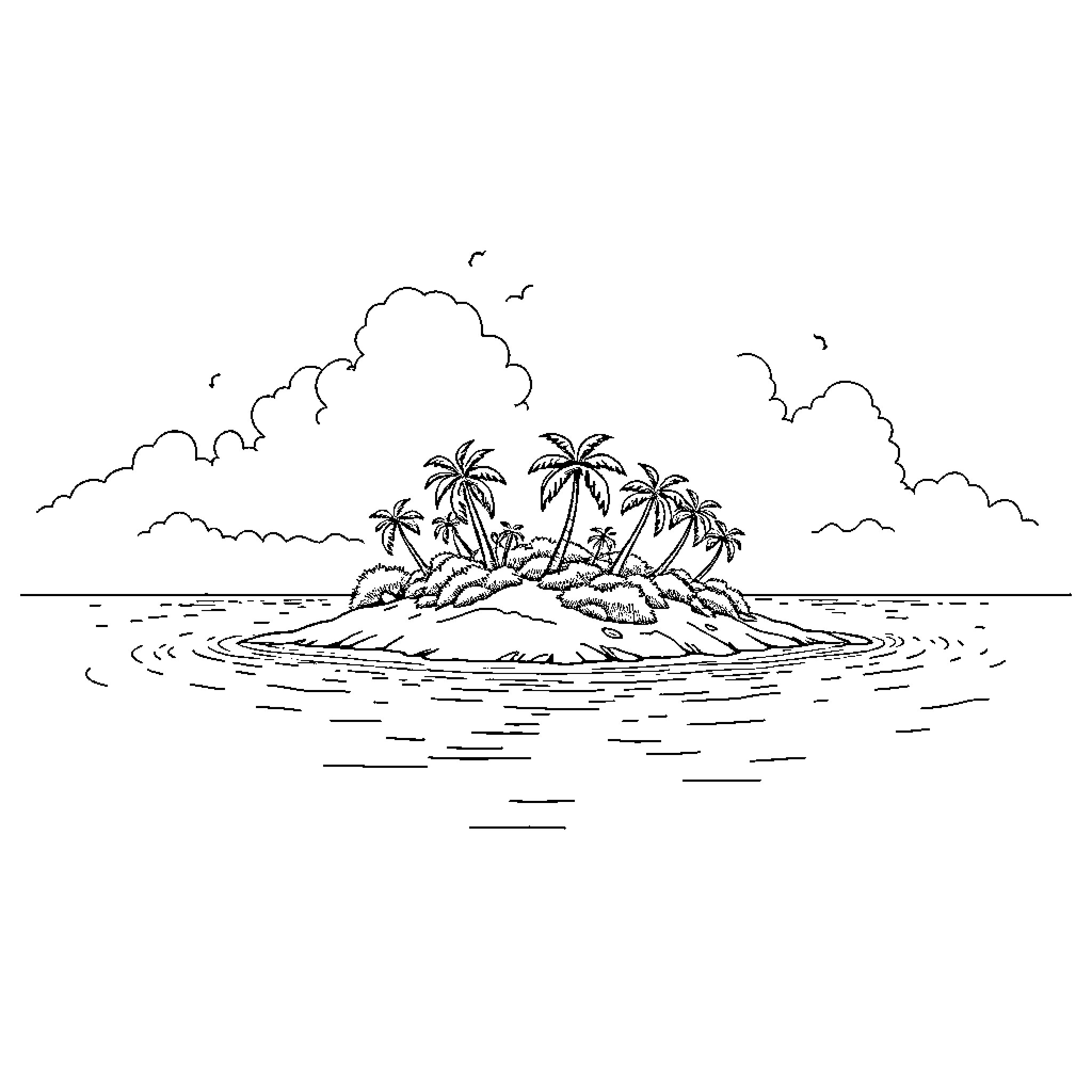 Island with palm trees and cloudy sky Coloring Page (free black-and-white line drawing printable PDF for all, from beginners to advanced learners, including children, teens, adults, and seniors)