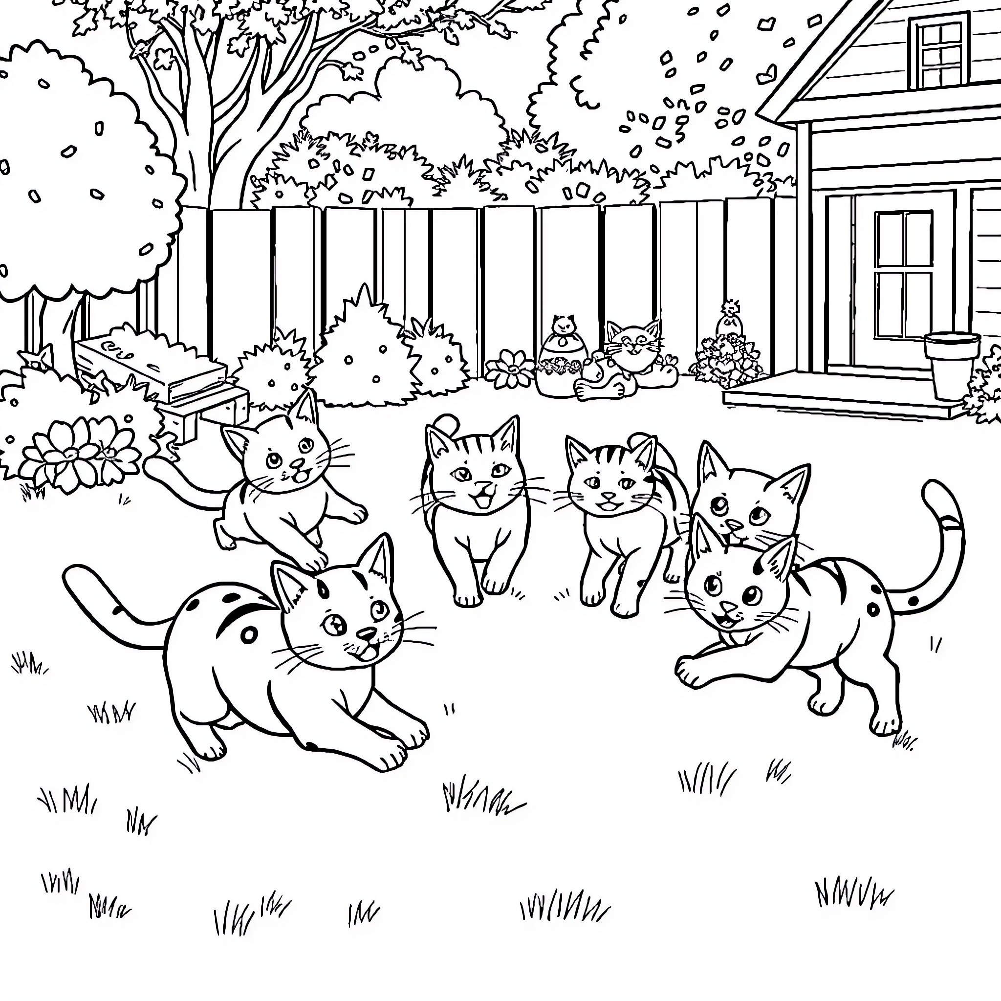 Cat Family Playing in the Backyard Coloring Page (free black-and-white line drawing printable PDF for all, from beginners to advanced learners, including children, teens, adults, and seniors)