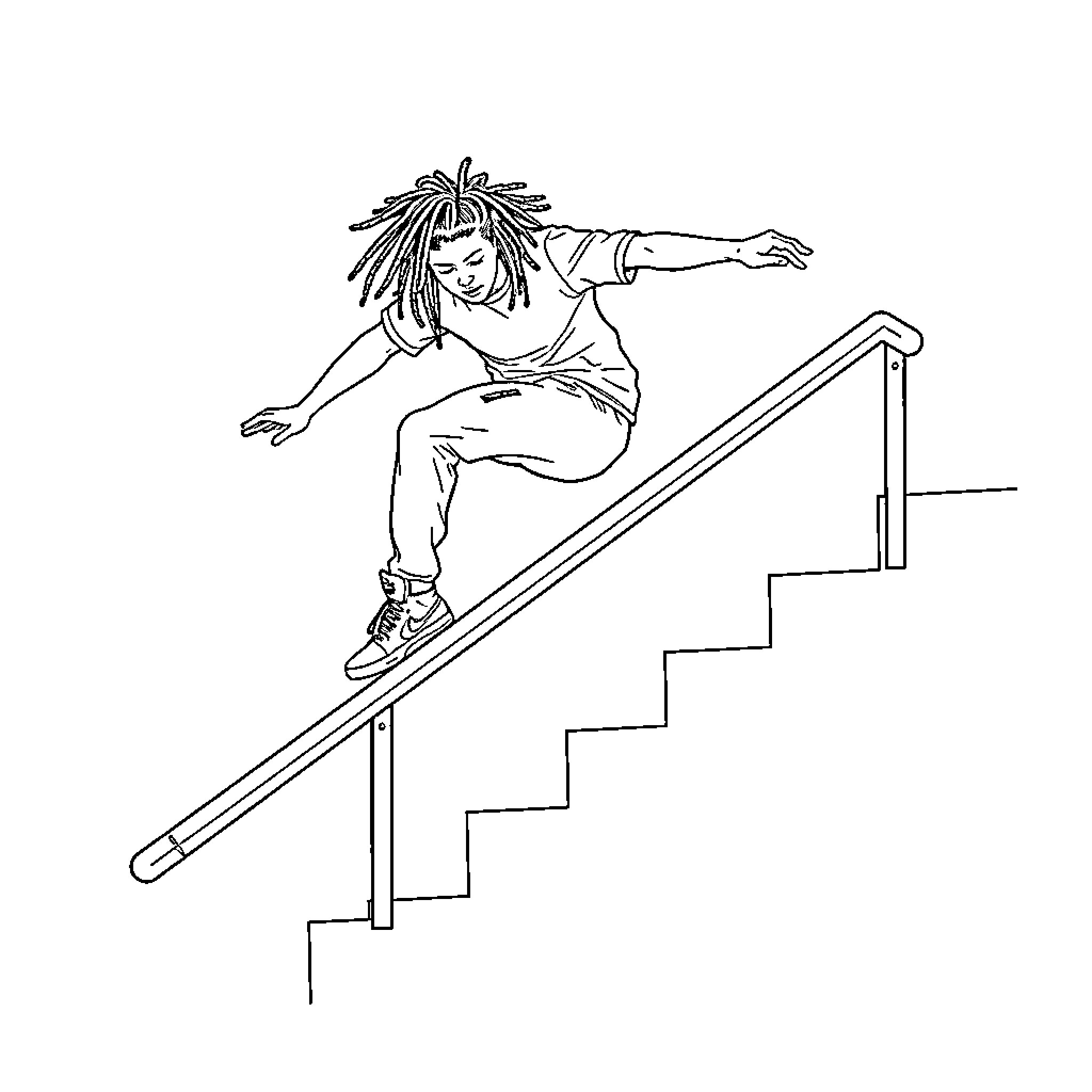 Skateboard trick on staircase Coloring Page (free black-and-white line drawing printable PDF for all, from beginners to advanced learners, including children, teens, adults, and seniors)