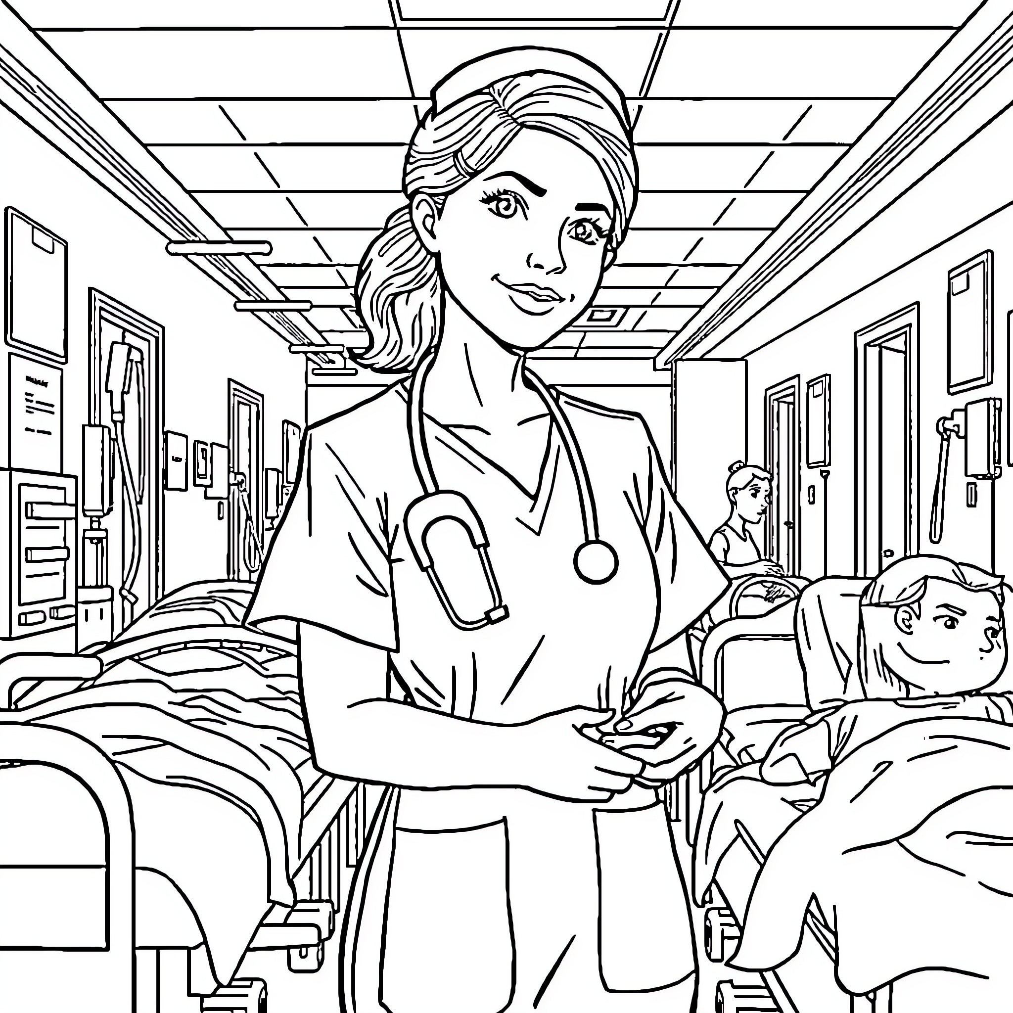 Nurse Tending to Patients in a Hospital Ward Coloring Page (free black-and-white line drawing printable PDF for all, from beginners to advanced learners, including children, teens, adults, and seniors)
