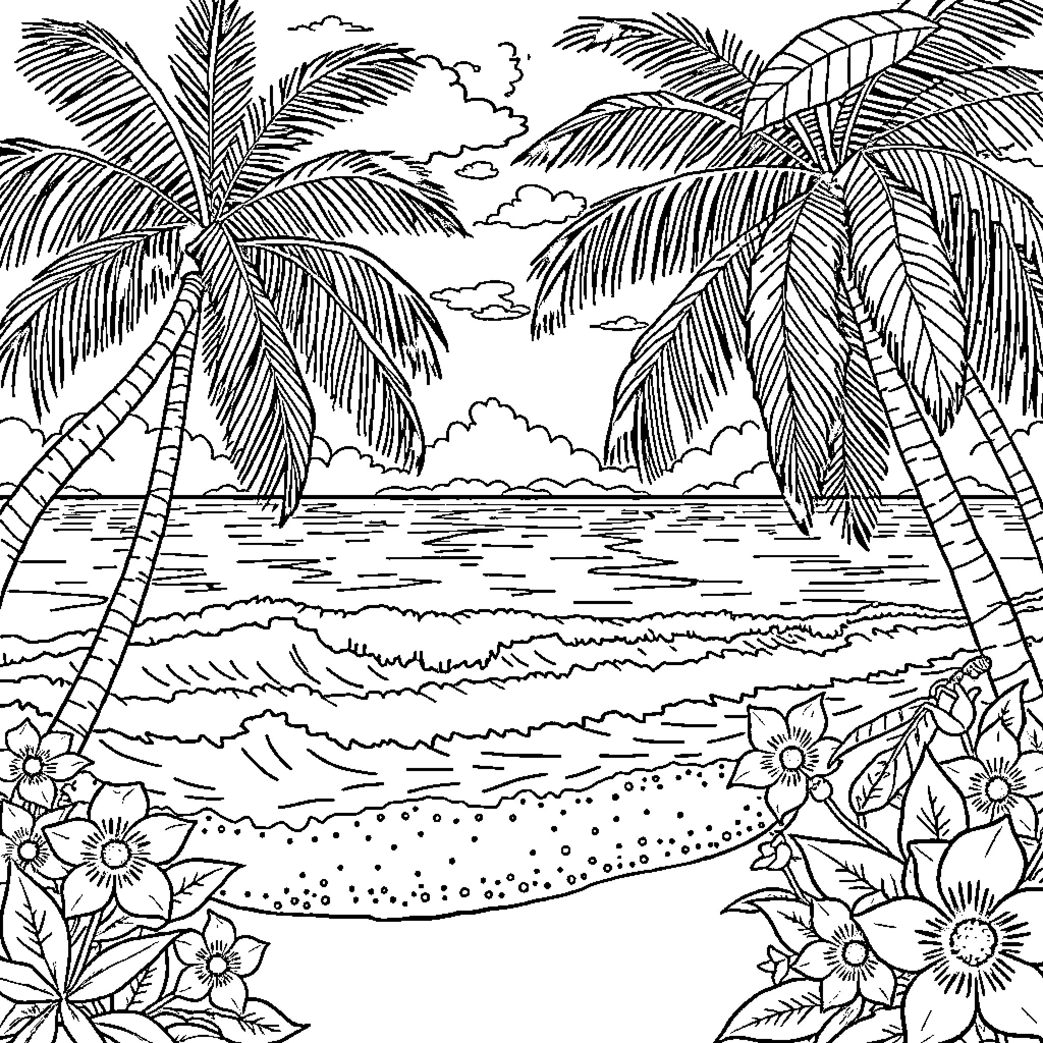 Hawaiian Tropical Beach Scenery Coloring Page (free black-and-white line drawing printable PDF for all, from beginners to advanced learners, including children, teens, adults, and seniors)