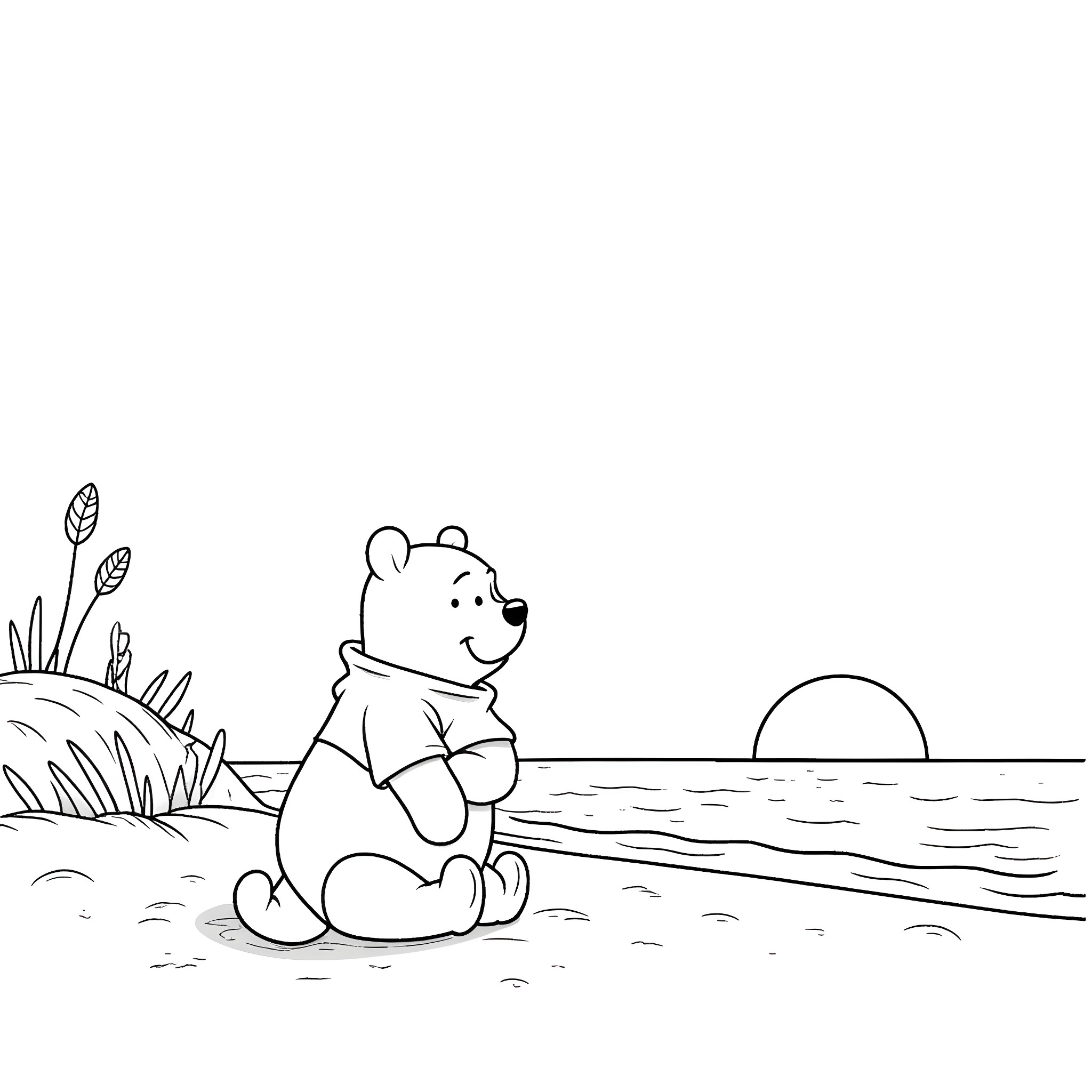 Winnie The Pooh relaxing by the lake at sunset Coloring Page (free black-and-white line drawing printable PDF for all, from beginners to advanced learners, including children, teens, adults, and seniors)