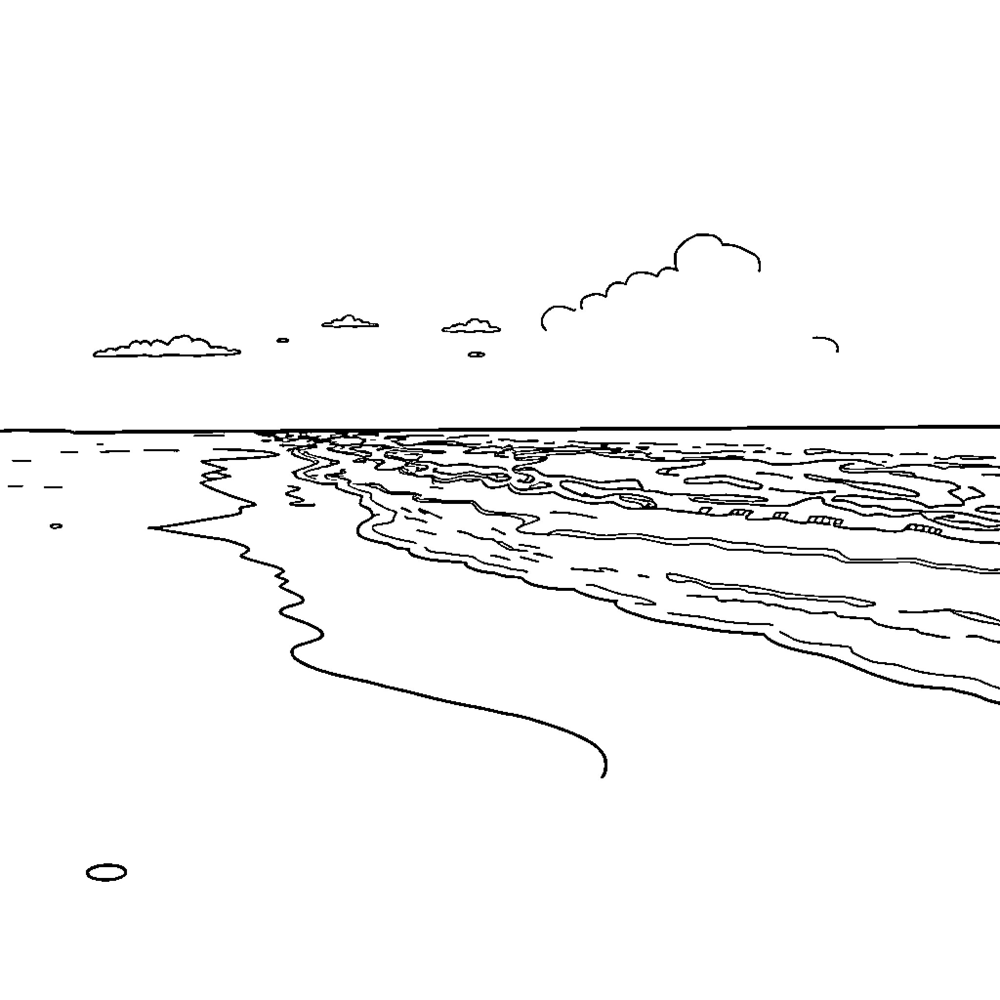 Beach with scenic ocean waves and horizon Coloring Page (free black-and-white line drawing printable PDF for all, from beginners to advanced learners, including children, teens, adults, and seniors)
