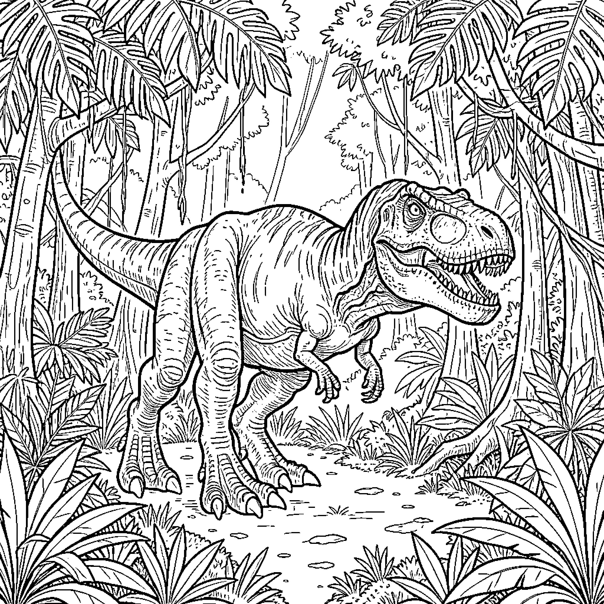 T-Rex roaming through the prehistoric jungle Coloring Page (free black-and-white line drawing printable PDF for all, from beginners to advanced learners, including children, teens, adults, and seniors)