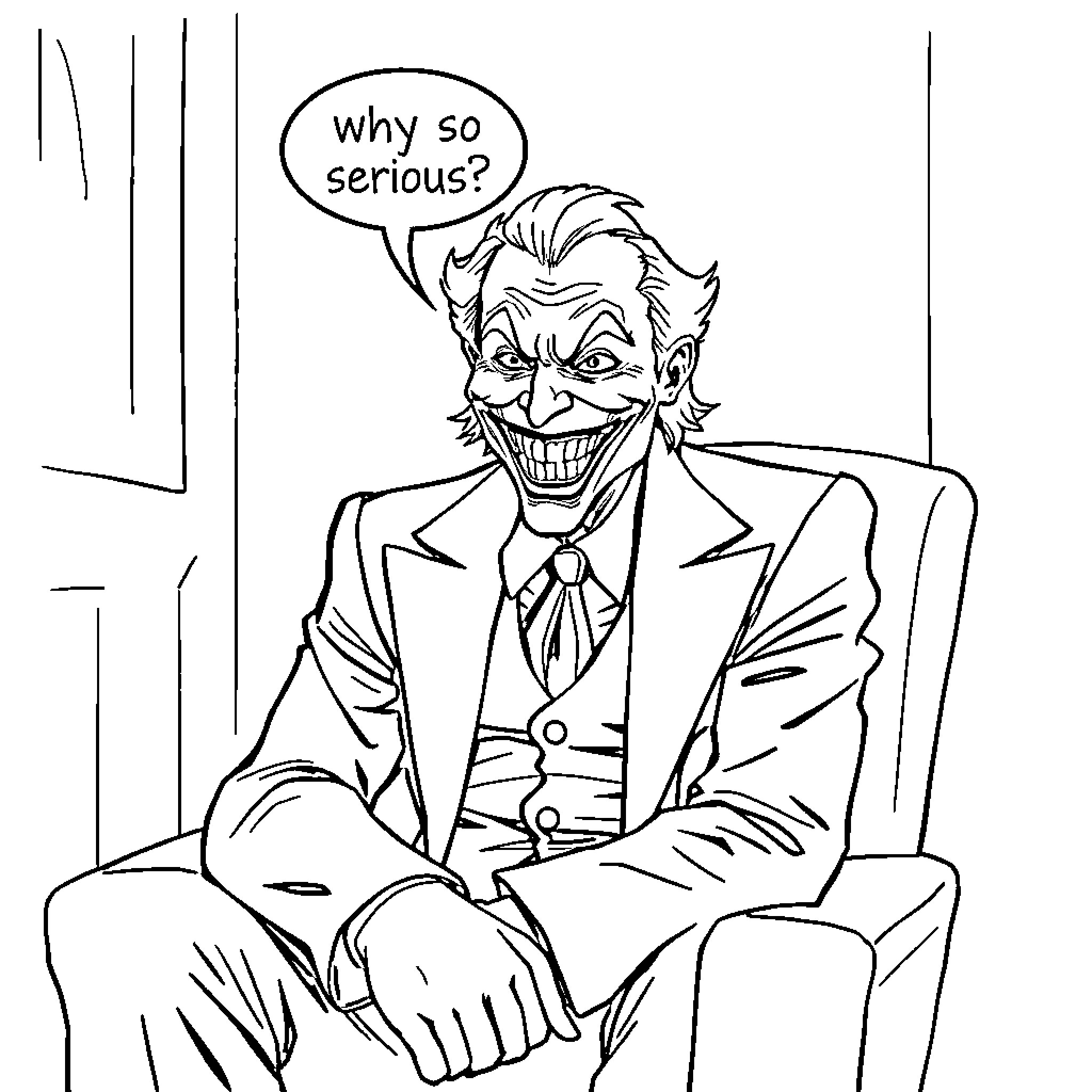 Joker's Mischievous Grin and Pointed Question Coloring Page (free black-and-white line drawing printable PDF for all, from beginners to advanced learners, including children, teens, adults, and seniors)