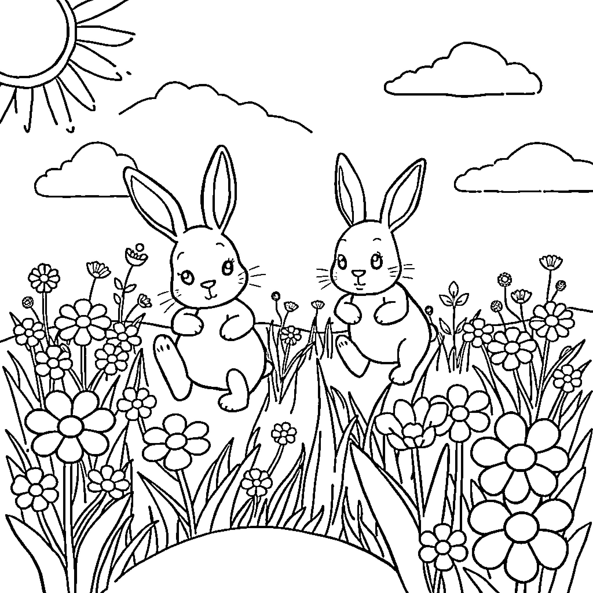 Bunny friends playing in the flower field Coloring Page (free black-and-white line drawing printable PDF for all, from beginners to advanced learners, including children, teens, adults, and seniors)