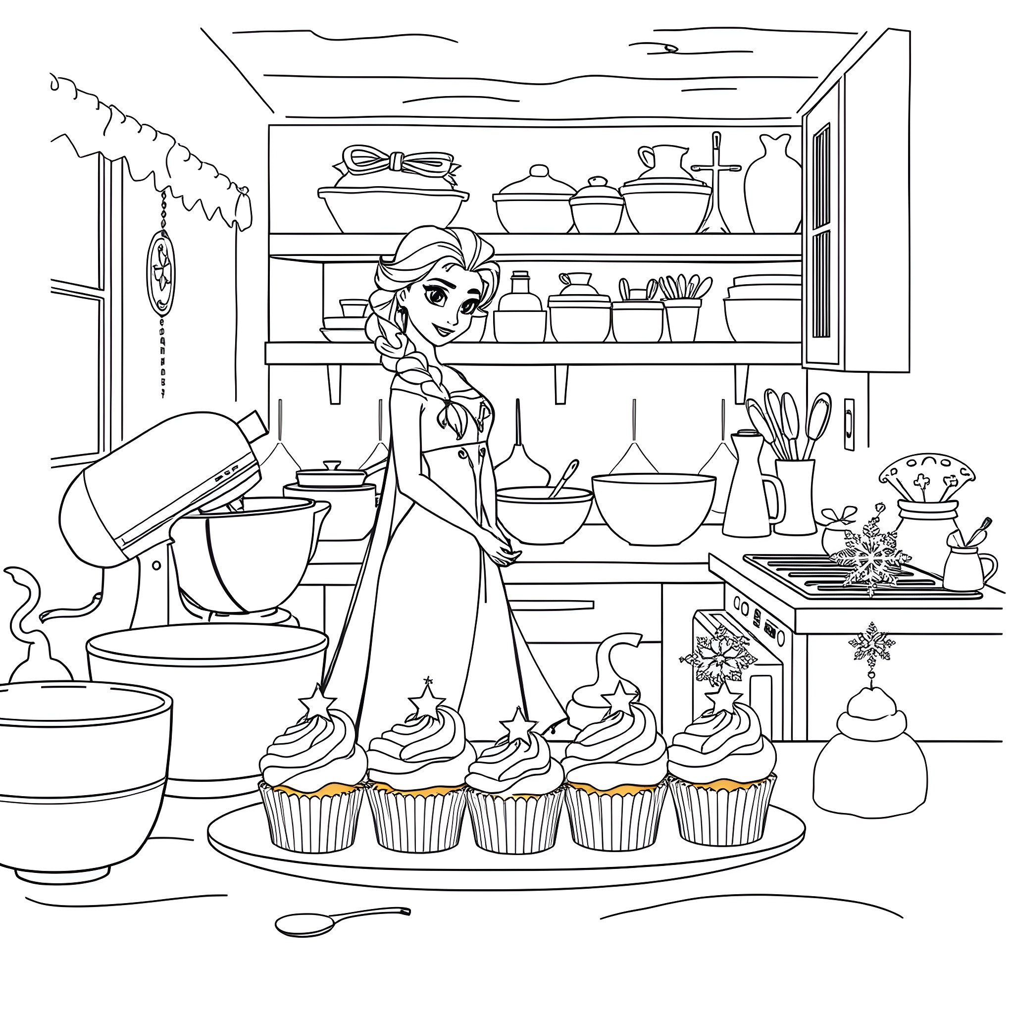 Elsa baking delightful cupcakes in the kitchen Coloring Page (free black-and-white line drawing printable PDF for all, from beginners to advanced learners, including children, teens, adults, and seniors)