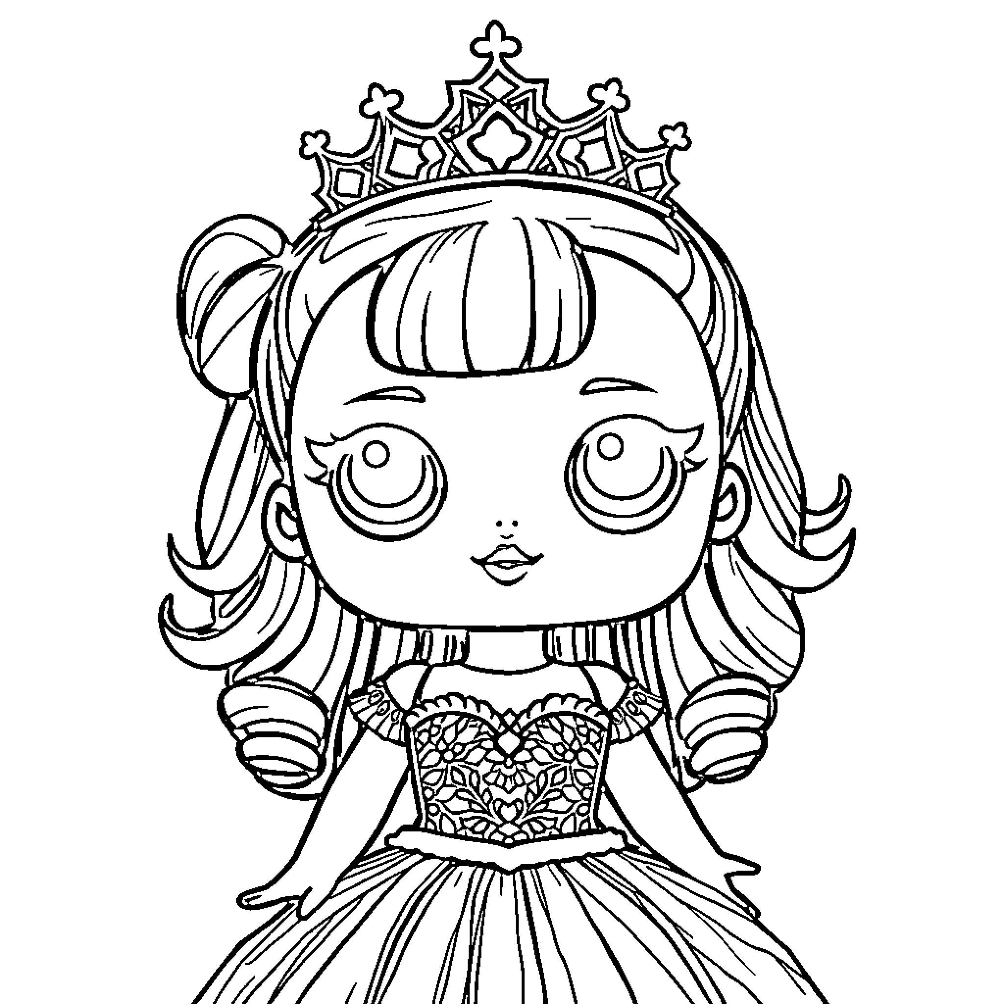 Princess in Elaborate Crown and Dress Coloring Page (free black-and-white line drawing printable PDF for all, from beginners to advanced learners, including children, teens, adults, and seniors)