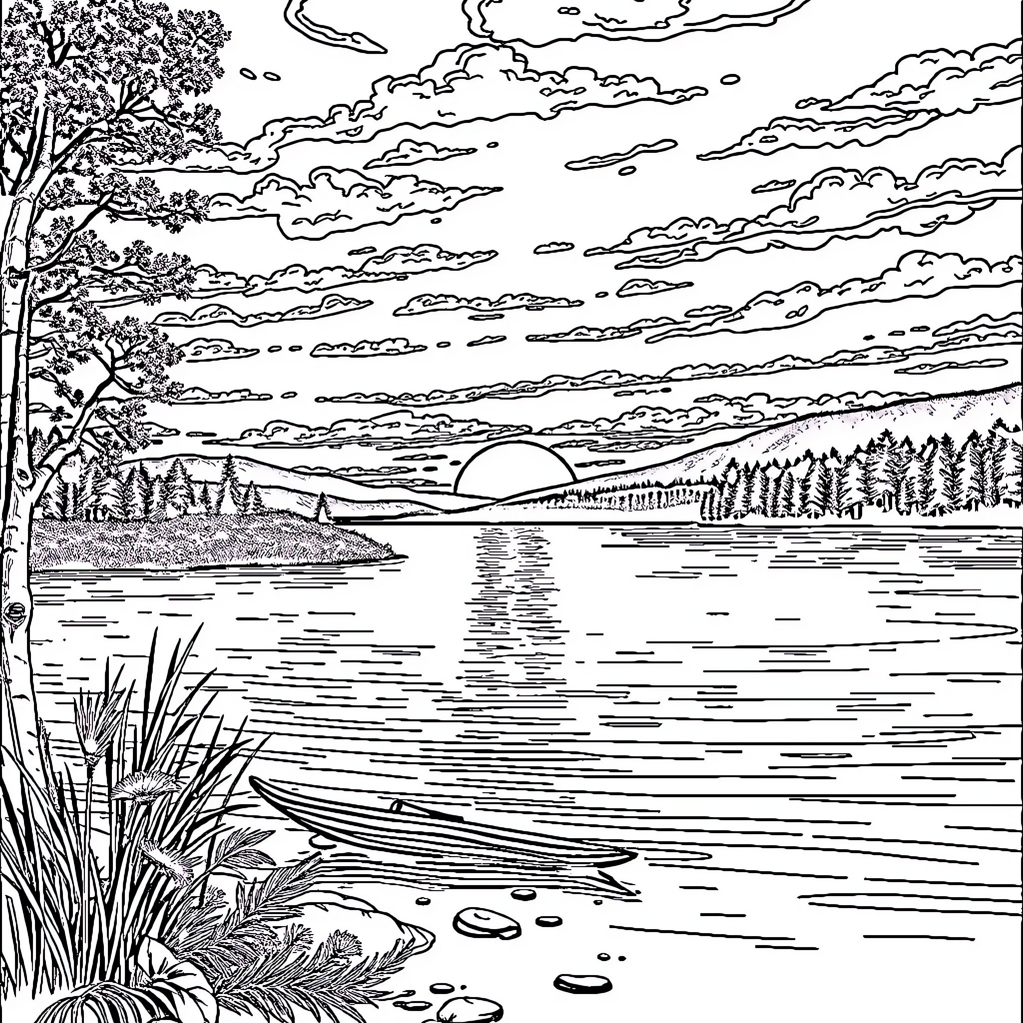 Sunset over a serene lake landscape Coloring Page (free black-and-white line drawing printable PDF for all, from beginners to advanced learners, including children, teens, adults, and seniors)