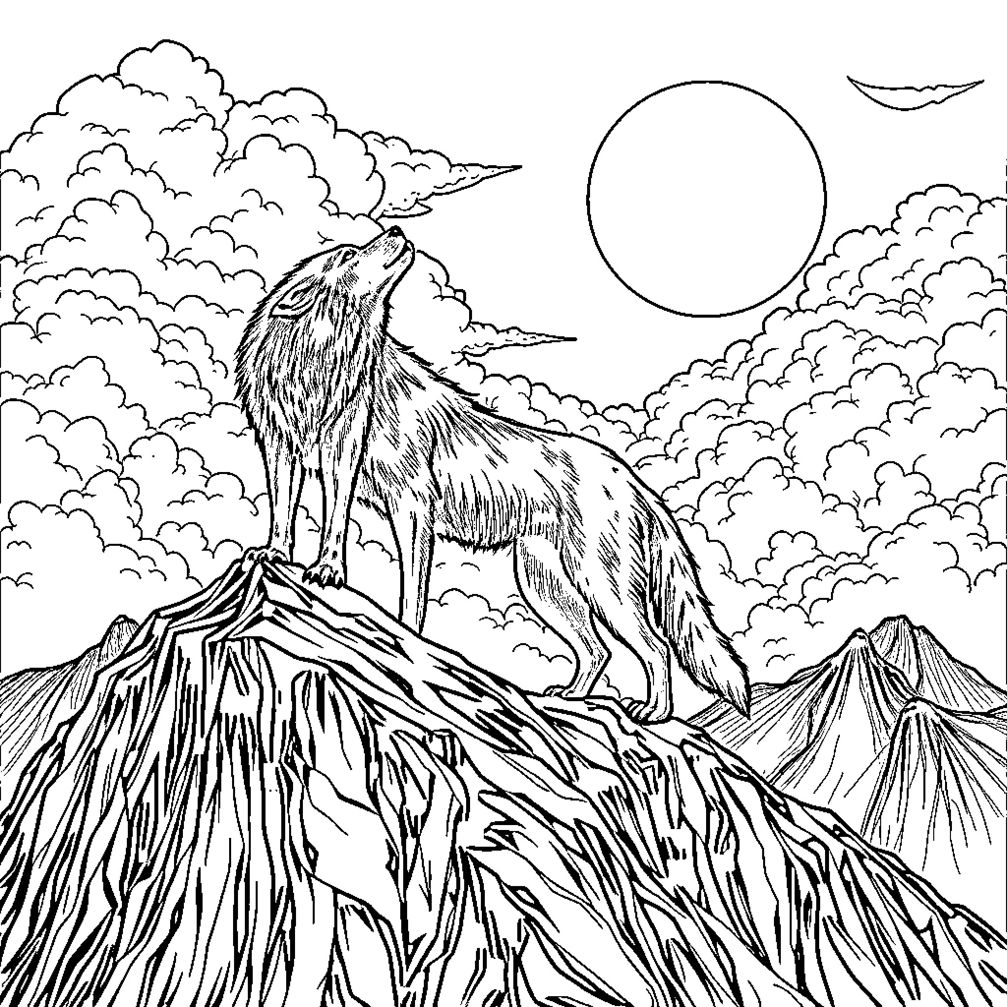 Werewolf howling at the moon on a cloudy night Coloring Page (free black-and-white line drawing printable PDF for all, from beginners to advanced learners, including children, teens, adults, and seniors)