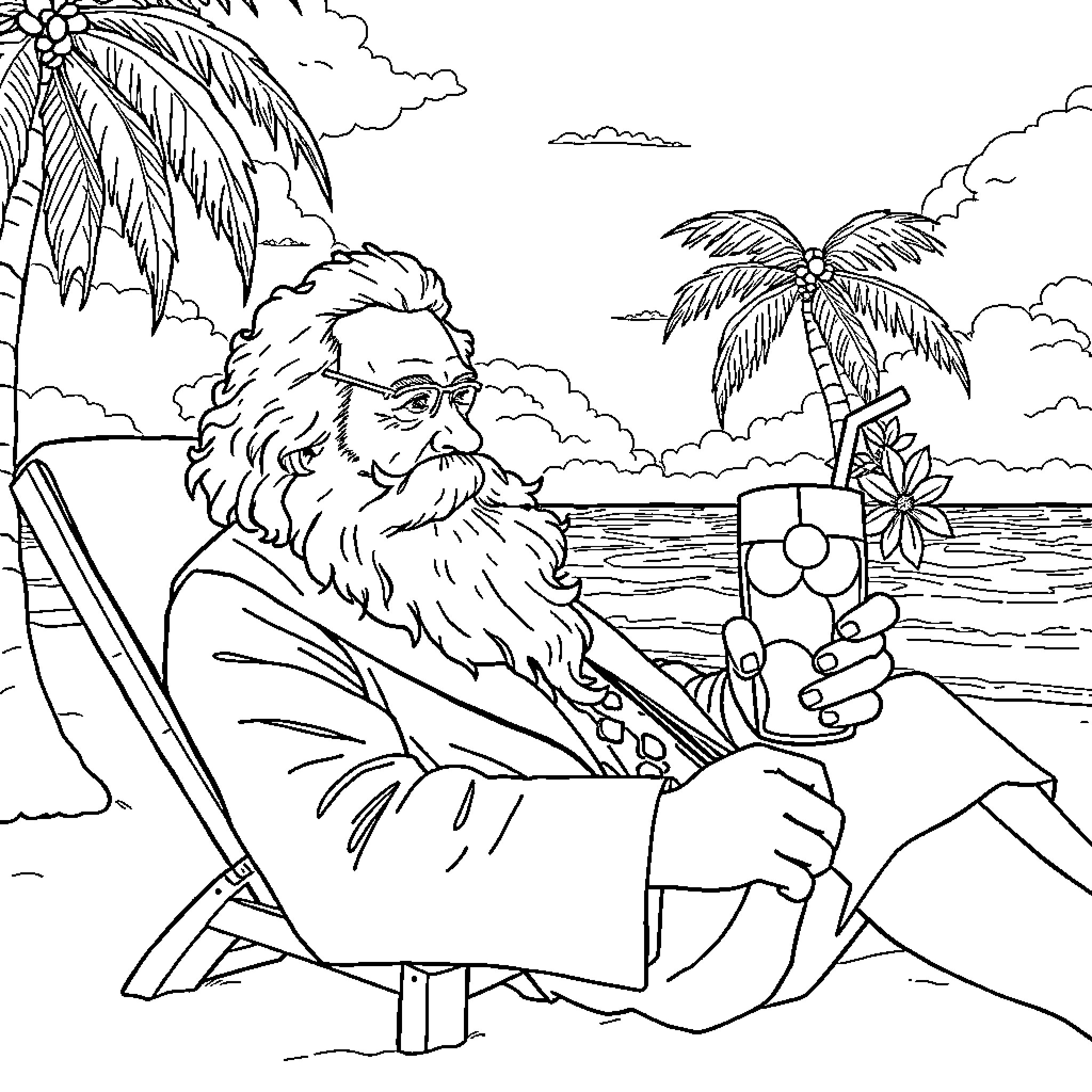 Karl Marx relaxing on a tropical beach Coloring Page (free black-and-white line drawing printable PDF for all, from beginners to advanced learners, including children, teens, adults, and seniors)