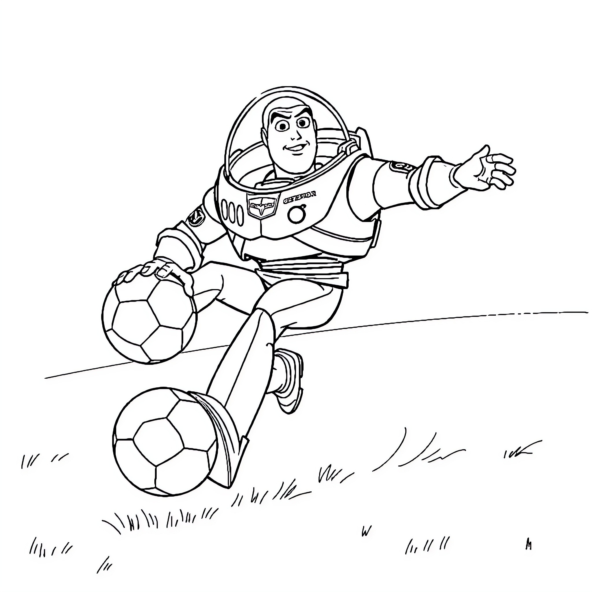 Buzz Lightyear playing soccer with toys Coloring Page (free black-and-white line drawing printable PDF for all, from beginners to advanced learners, including children, teens, adults, and seniors)