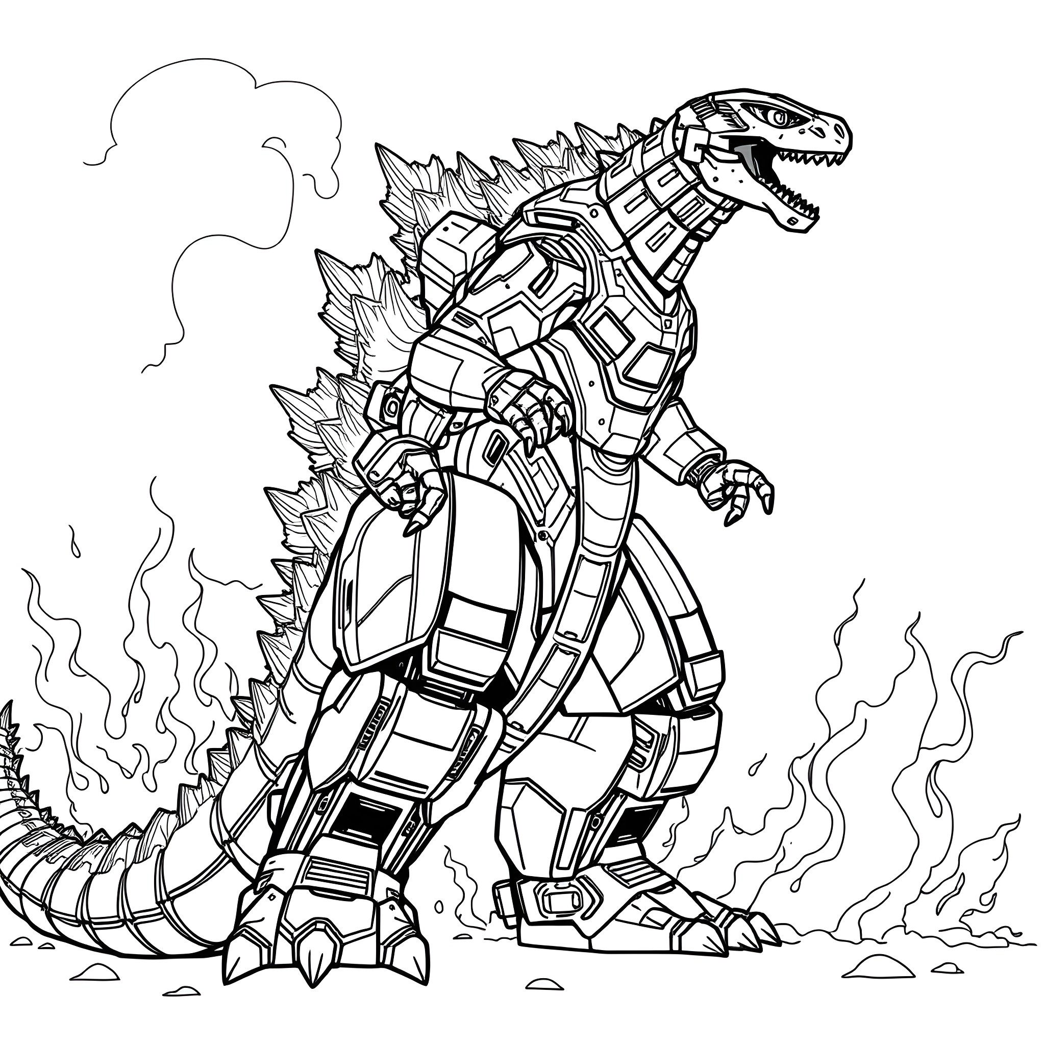 Robot Dinosaur Stomping Through the Ruins Coloring Page (free black-and-white line drawing printable PDF for all, from beginners to advanced learners, including children, teens, adults, and seniors)