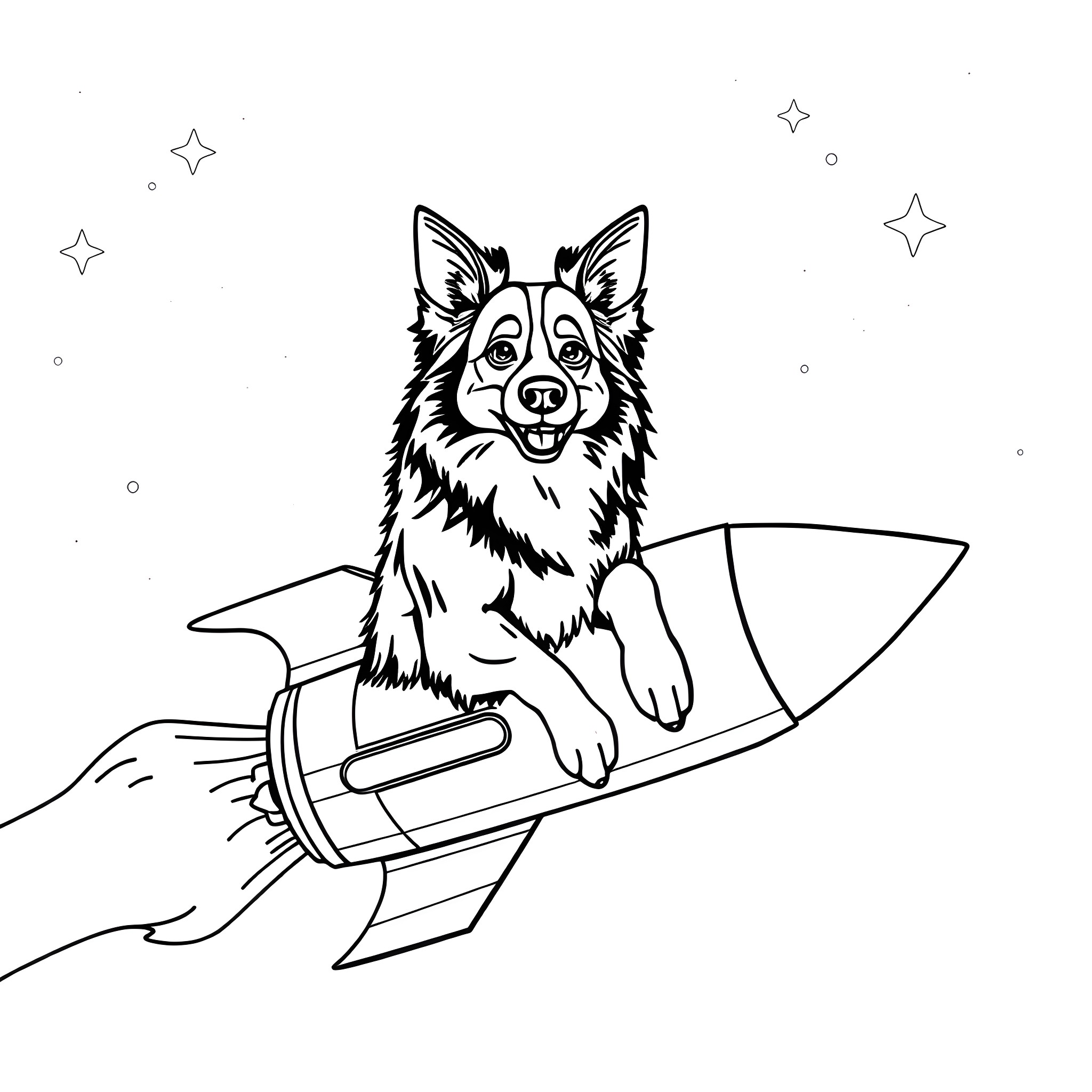 Border Collie riding a rocket ship through the stars Coloring Page (free black-and-white line drawing printable PDF for all, from beginners to advanced learners, including children, teens, adults, and seniors)