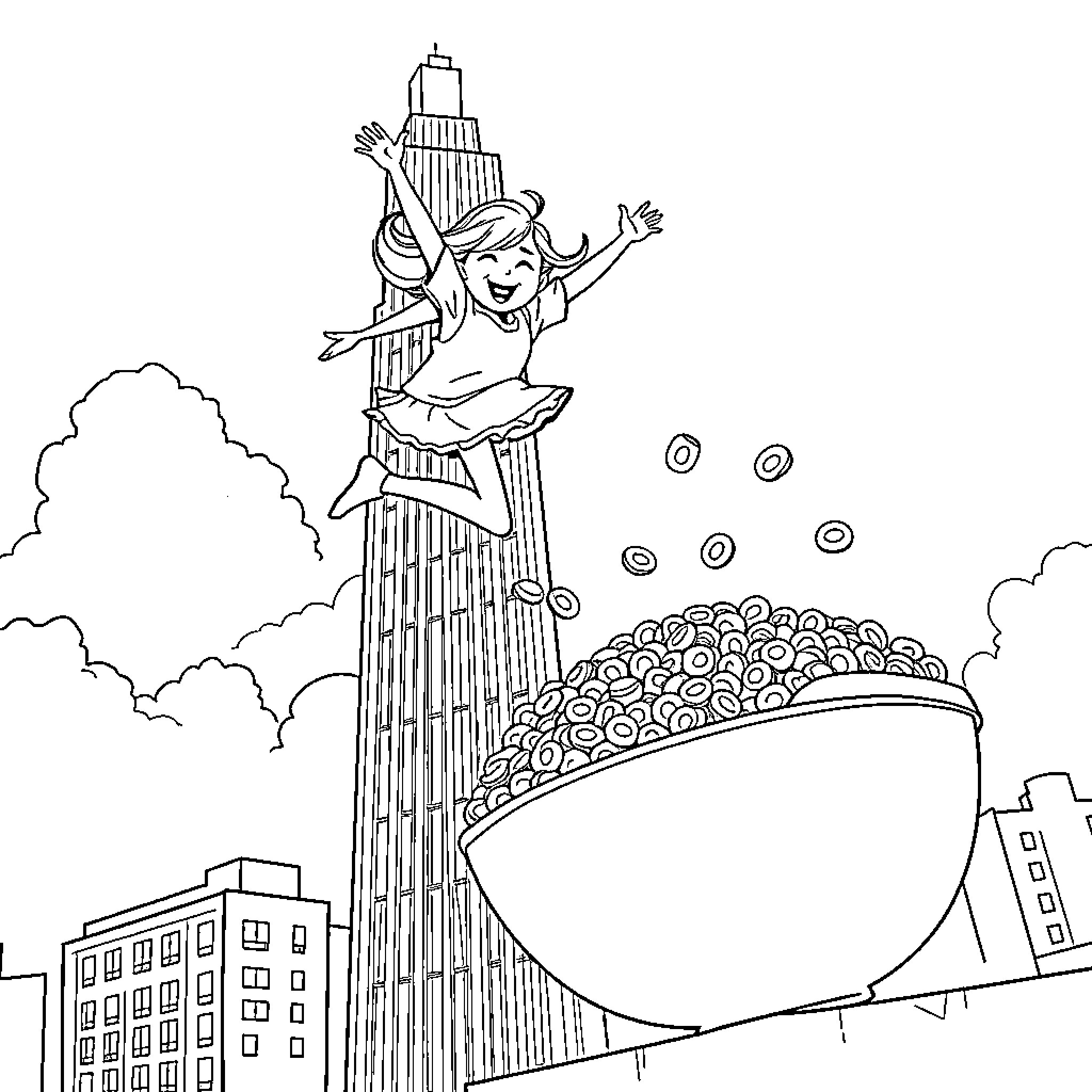 Girl enjoying the cityscape from atop a tall building Coloring Page (free black-and-white line drawing printable PDF for all, from beginners to advanced learners, including children, teens, adults, and seniors)