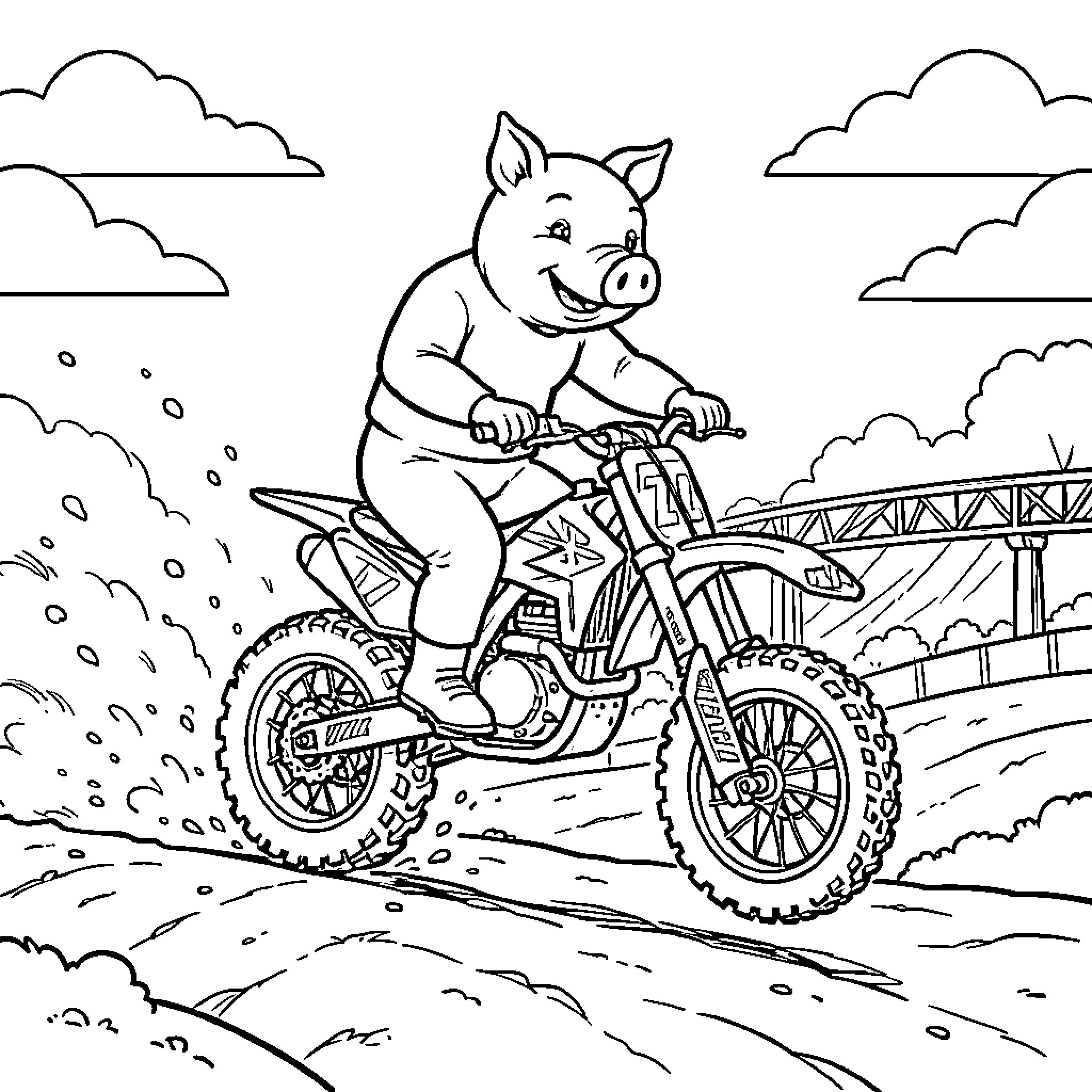 Cochon riding a dirt bike on a path Coloring Page (free black-and-white line drawing printable PDF for all, from beginners to advanced learners, including children, teens, adults, and seniors)
