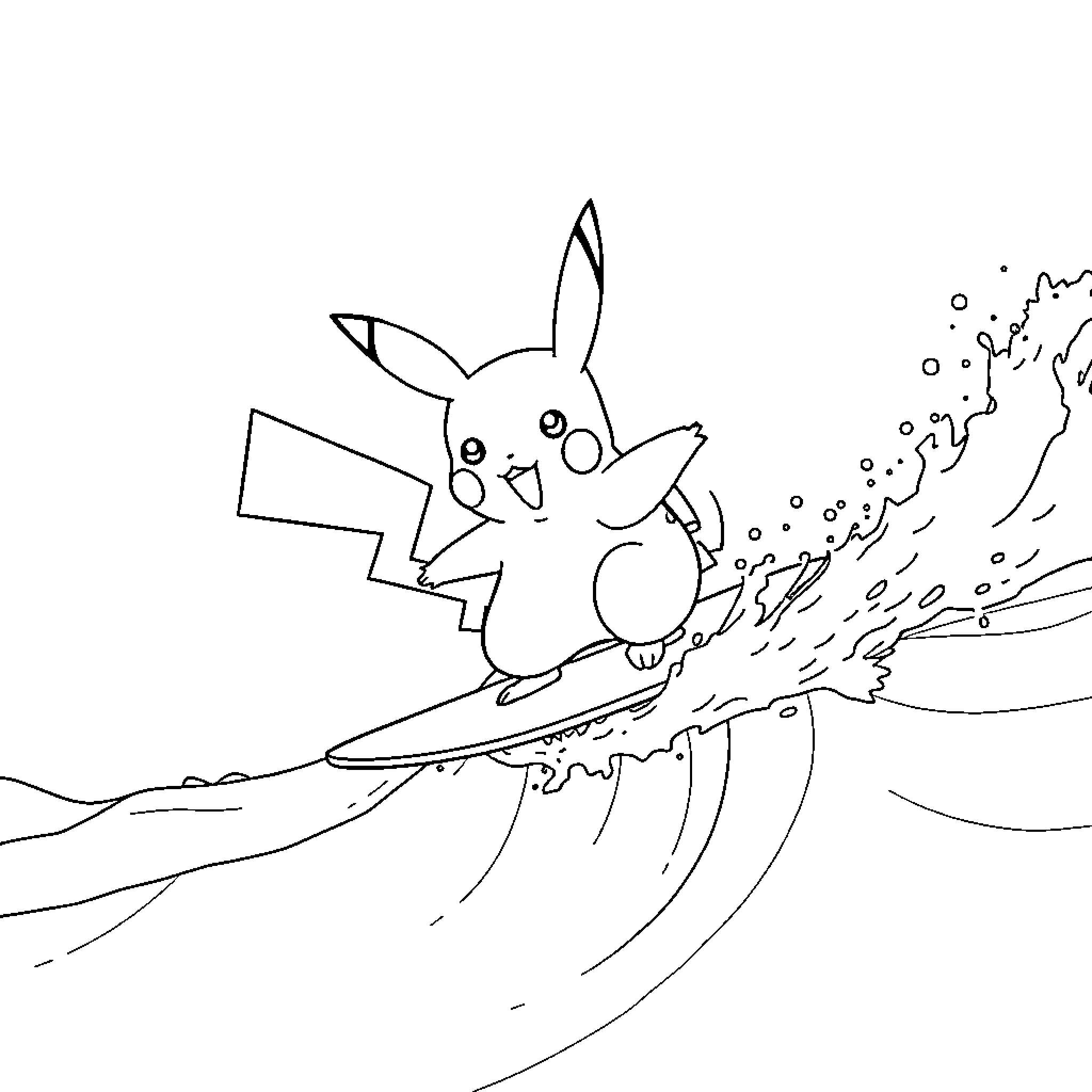 Pikachu surfing on a wave Coloring Page (free black-and-white line drawing printable PDF for all, from beginners to advanced learners, including children, teens, adults, and seniors)