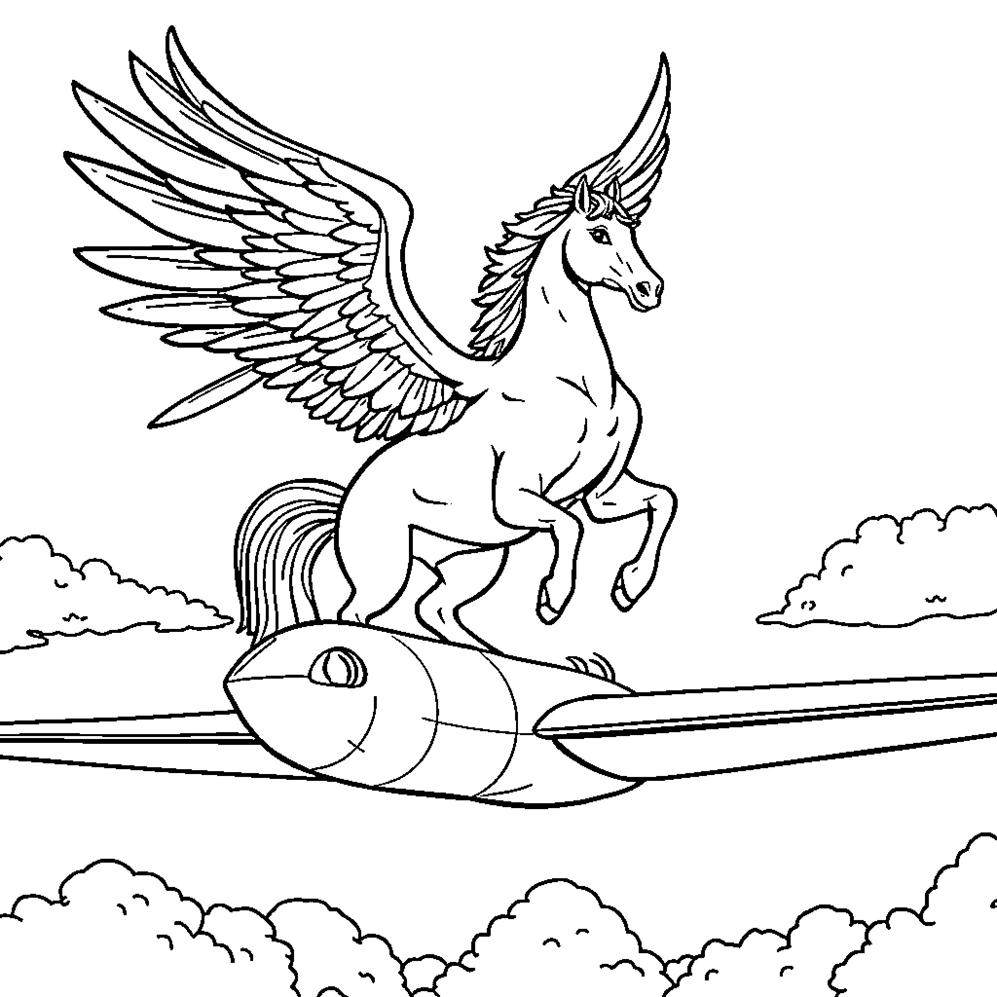 Pegasus soaring through the sky on a rocket Coloring Page (free black-and-white line drawing printable PDF for all, from beginners to advanced learners, including children, teens, adults, and seniors)