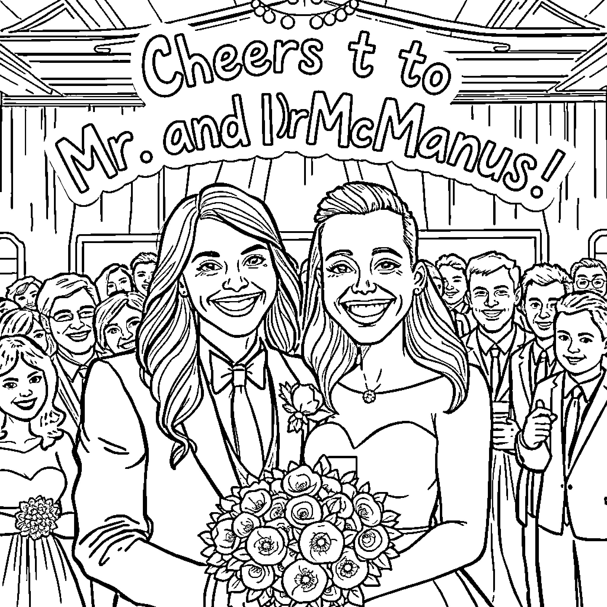 Couple celebrating their wedding day with family and friends Coloring Page (free black-and-white line drawing printable PDF for all, from beginners to advanced learners, including children, teens, adults, and seniors)