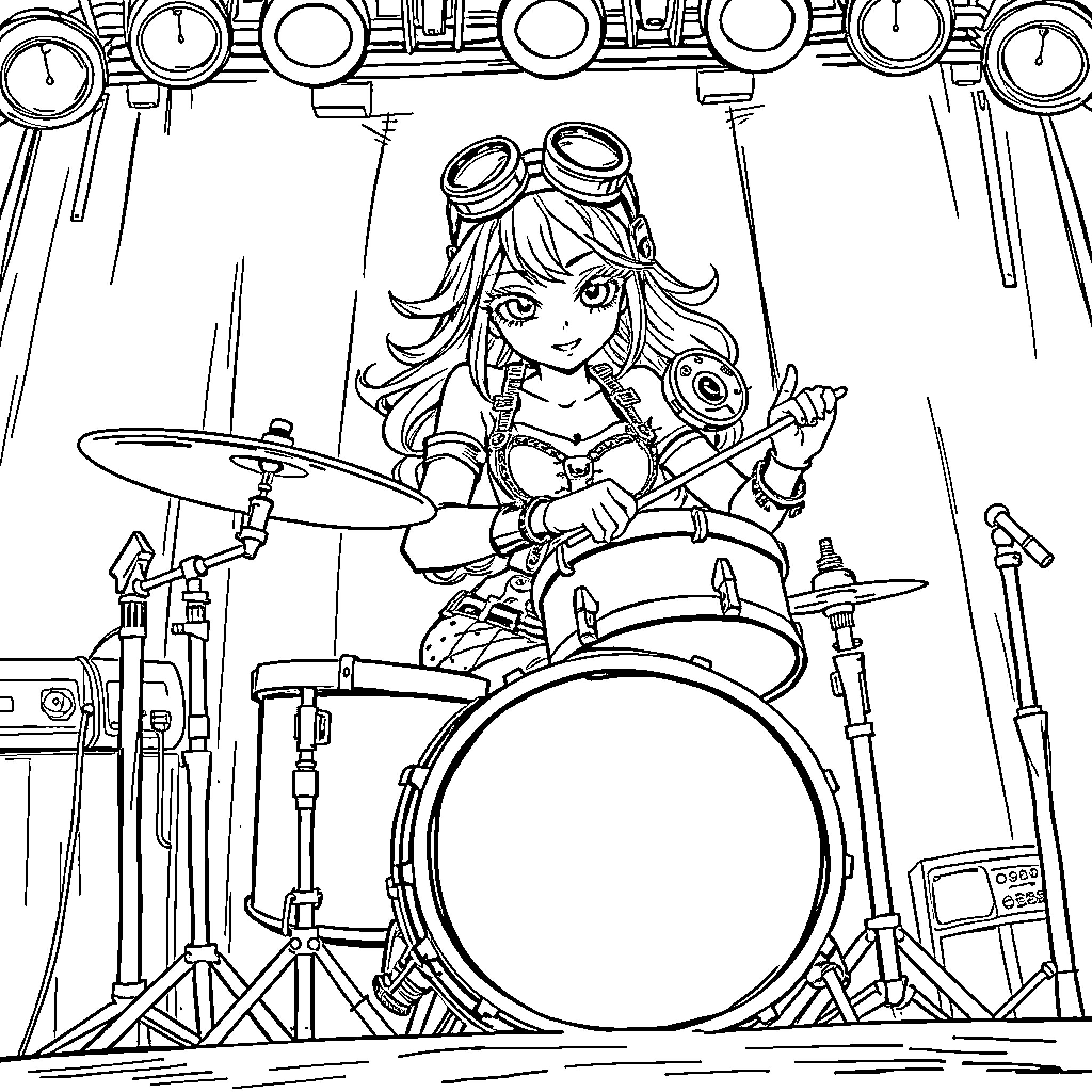 Steampunk Girl Playing the Drums with Enthusiasm Coloring Page (free black-and-white line drawing printable PDF for all, from beginners to advanced learners, including children, teens, adults, and seniors)