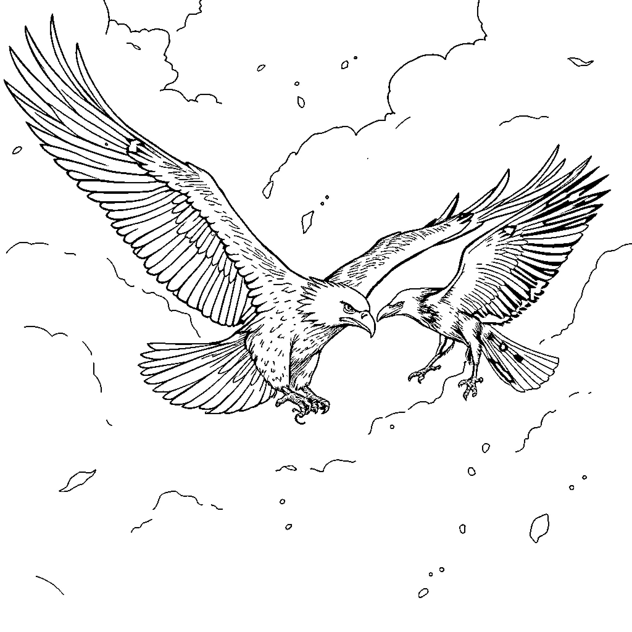 Eagles soaring in the stormy sky Coloring Page (free black-and-white line drawing printable PDF for all, from beginners to advanced learners, including children, teens, adults, and seniors)