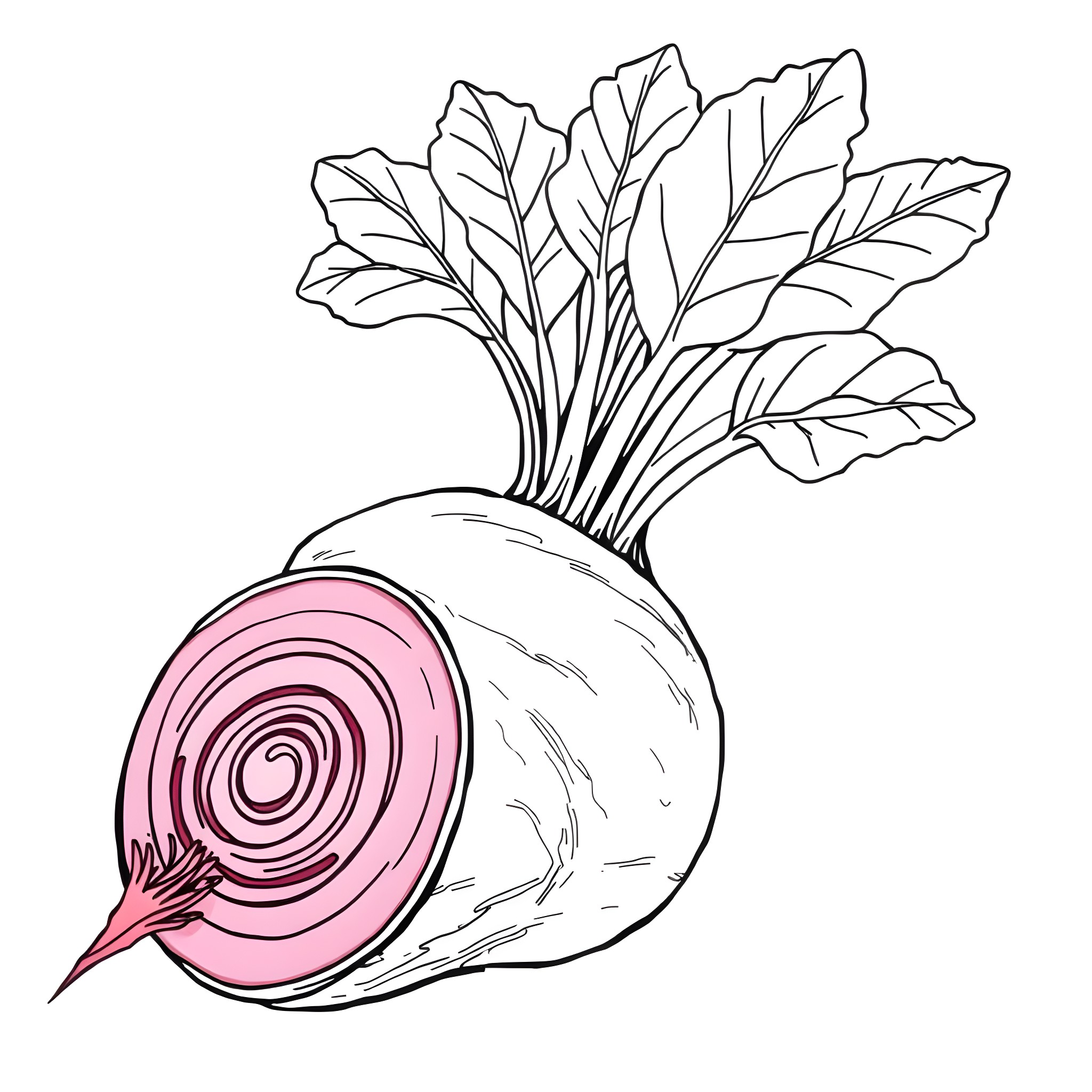Beetroot with vibrant leaves and intricate patterns Coloring Page (free black-and-white line drawing printable PDF for all, from beginners to advanced learners, including children, teens, adults, and seniors)