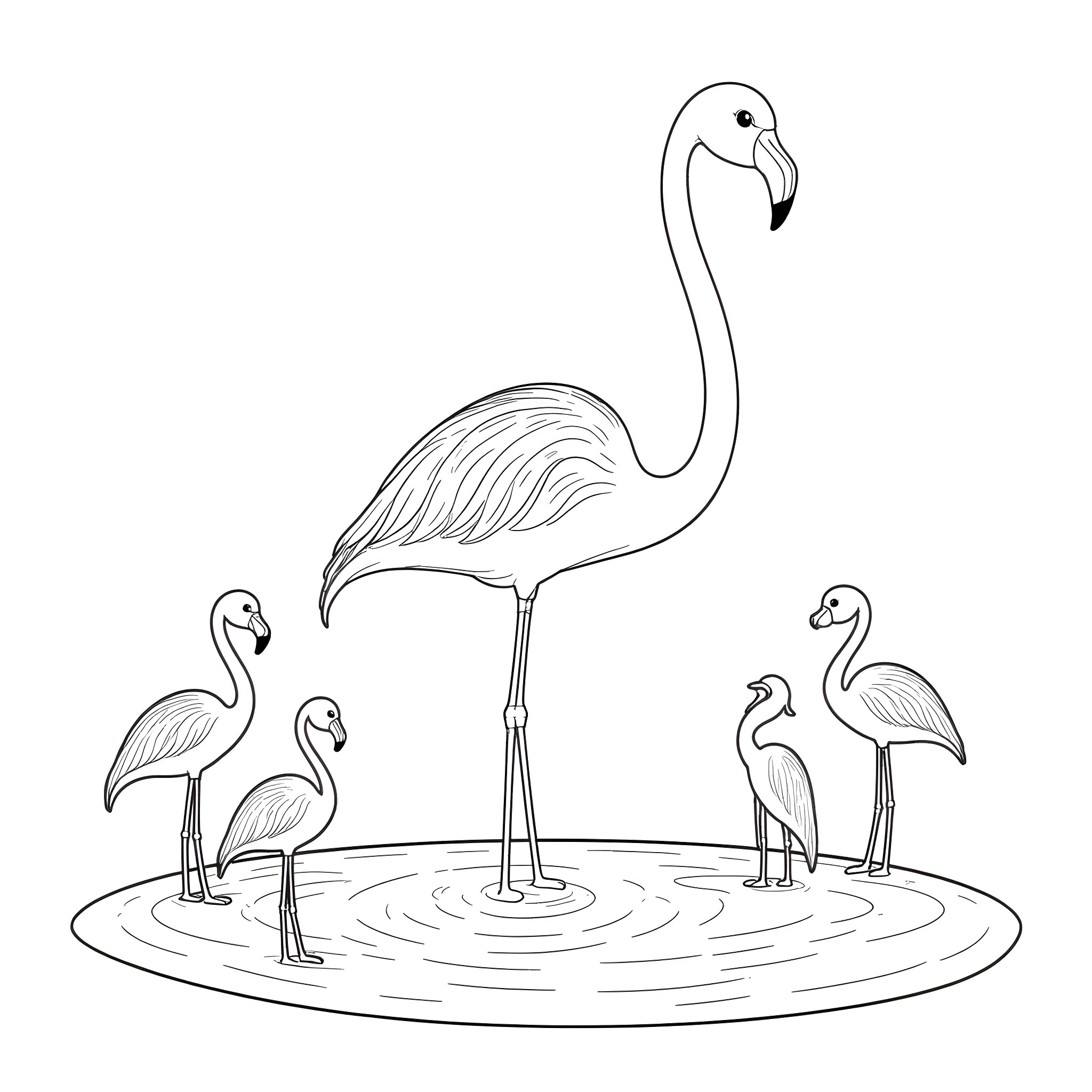 Flamingos wading in a tranquil pond Coloring Page (free black-and-white line drawing printable PDF for all, from beginners to advanced learners, including children, teens, adults, and seniors)