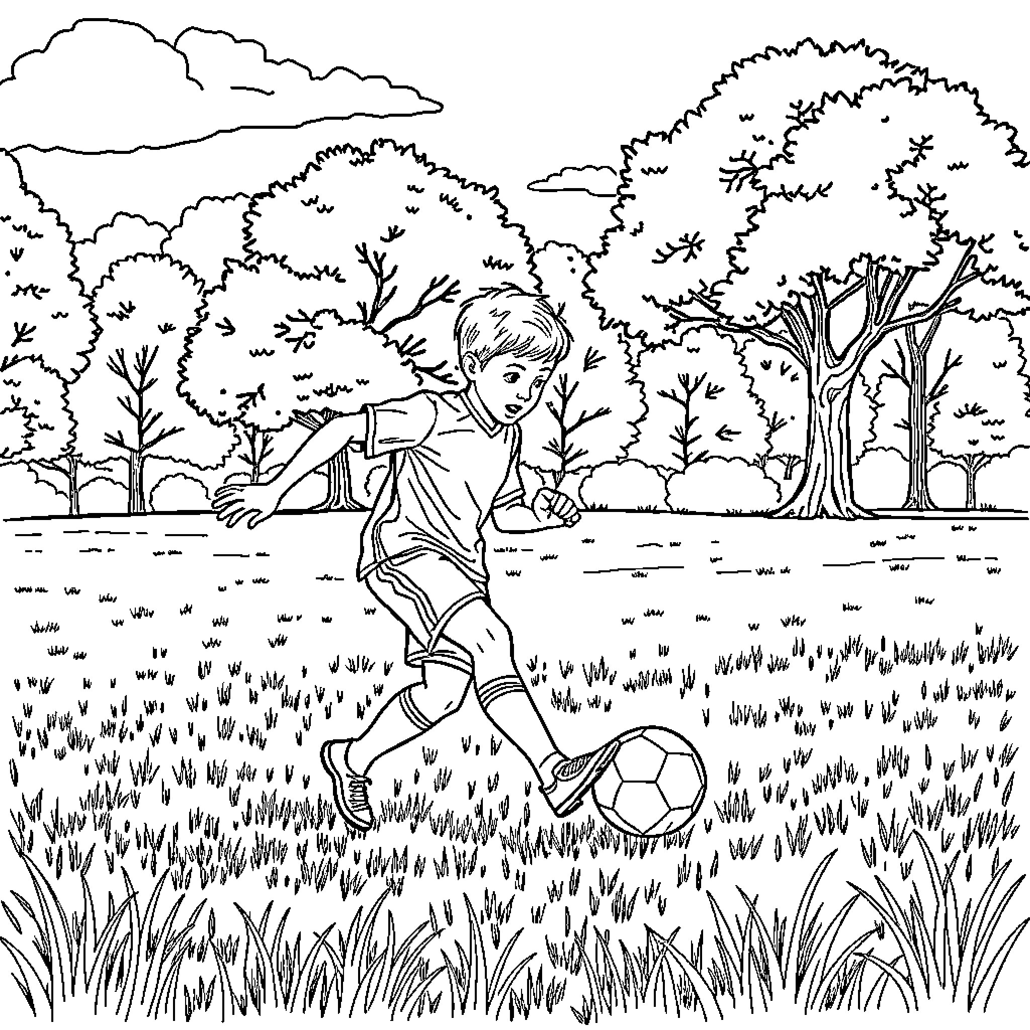 Markus playing with soccer ball in the park Coloring Page (free black-and-white line drawing printable PDF for all, from beginners to advanced learners, including children, teens, adults, and seniors)