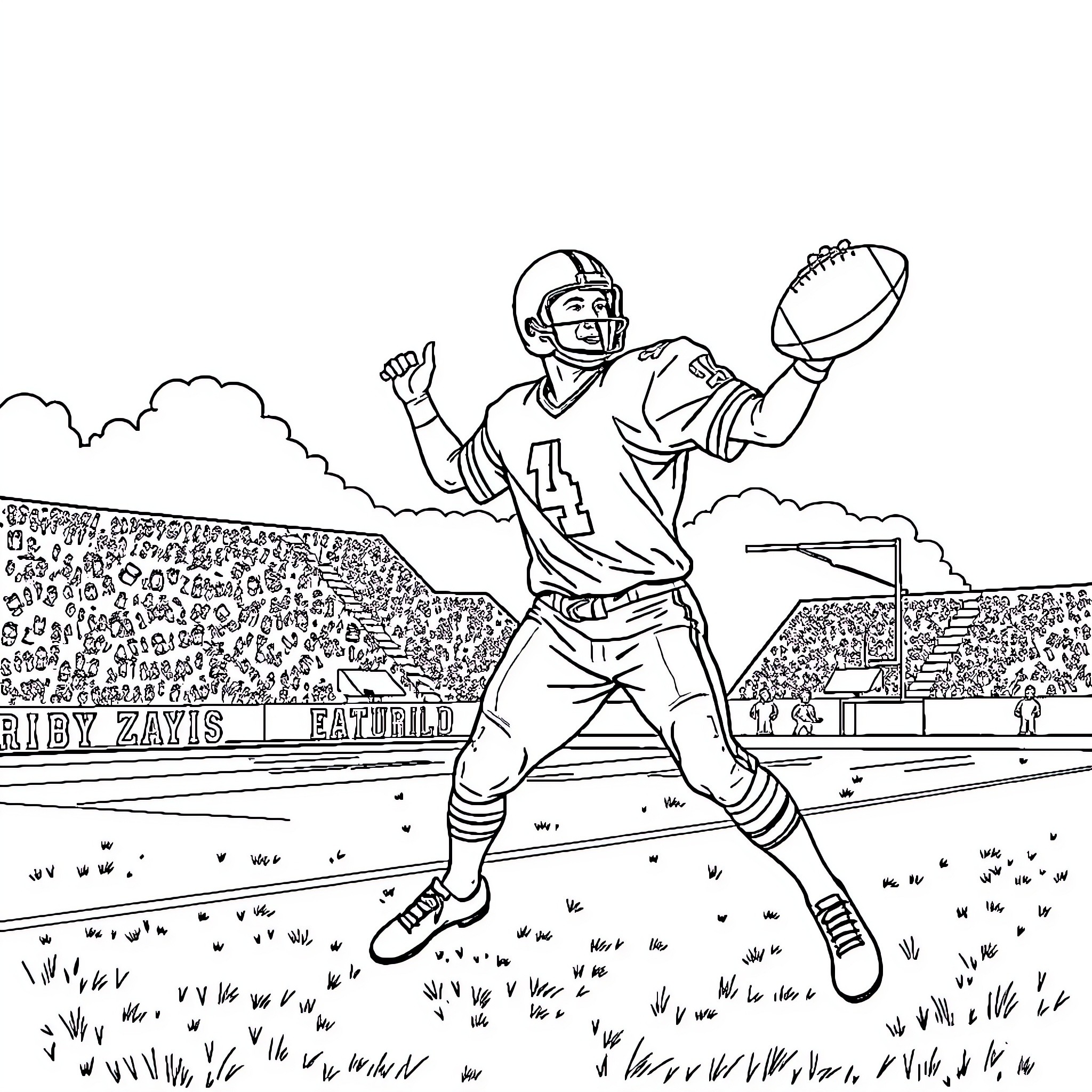 Roger Staubach throwing a football on the football field Coloring Page (free black-and-white line drawing printable PDF for all, from beginners to advanced learners, including children, teens, adults, and seniors)