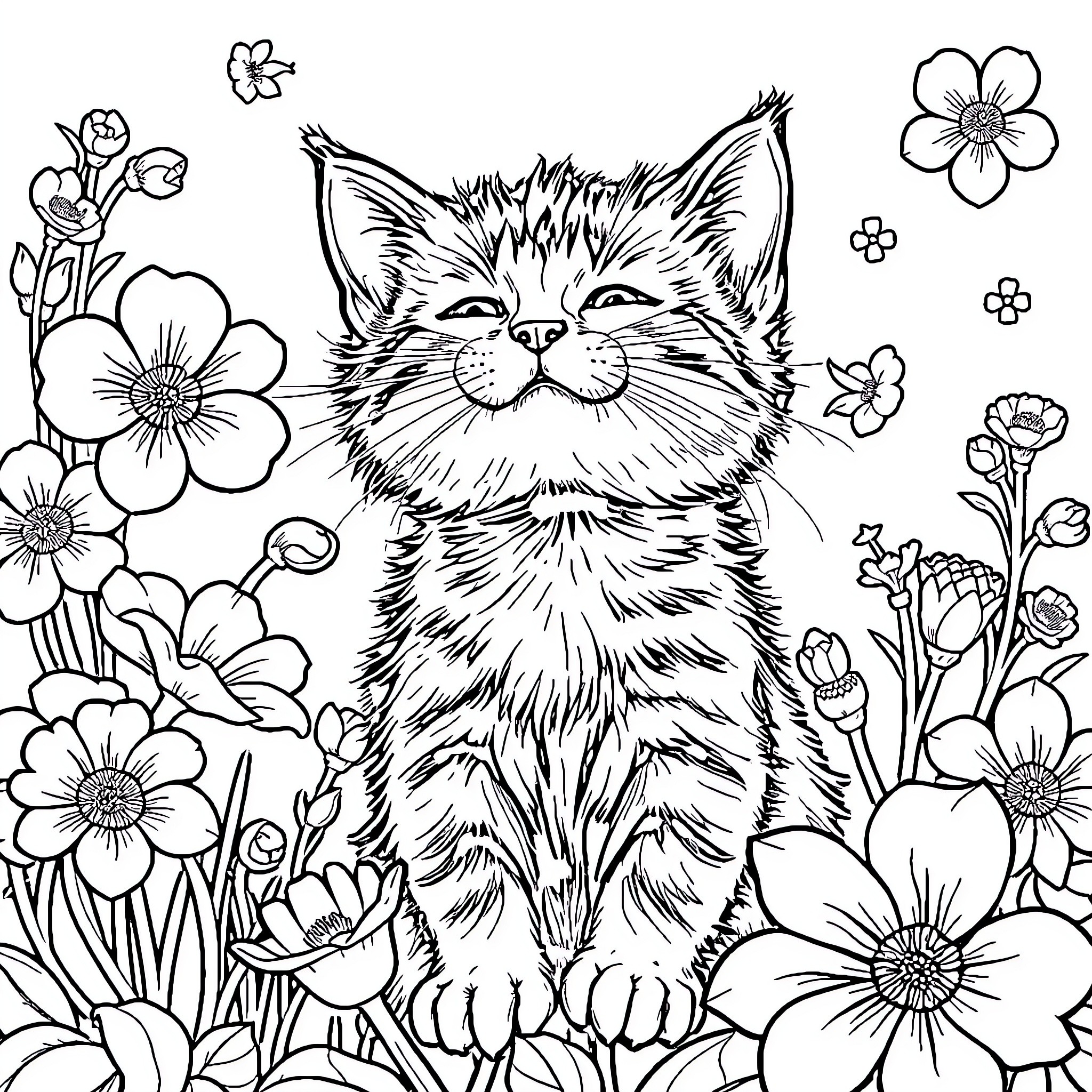 Cat amidst a floral garden Coloring Page (free black-and-white line drawing printable PDF for all, from beginners to advanced learners, including children, teens, adults, and seniors)