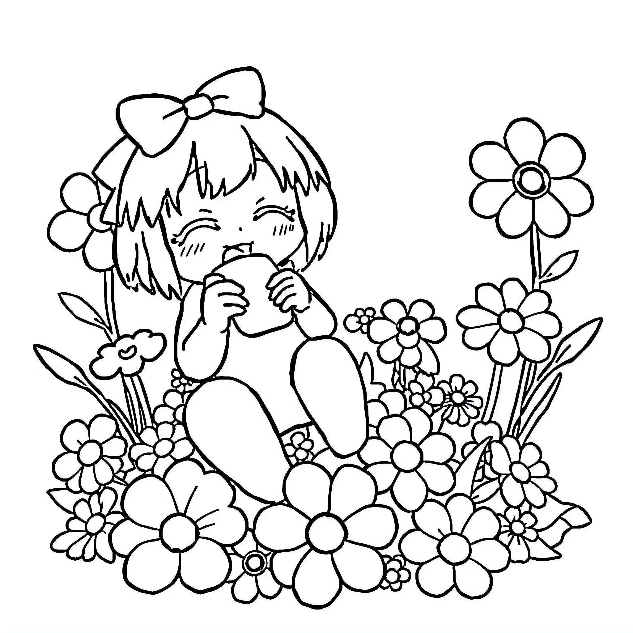 Uraraka Sitting Amid Vibrant Floral Scenery Coloring Page (free black-and-white line drawing printable PDF for all, from beginners to advanced learners, including children, teens, adults, and seniors)