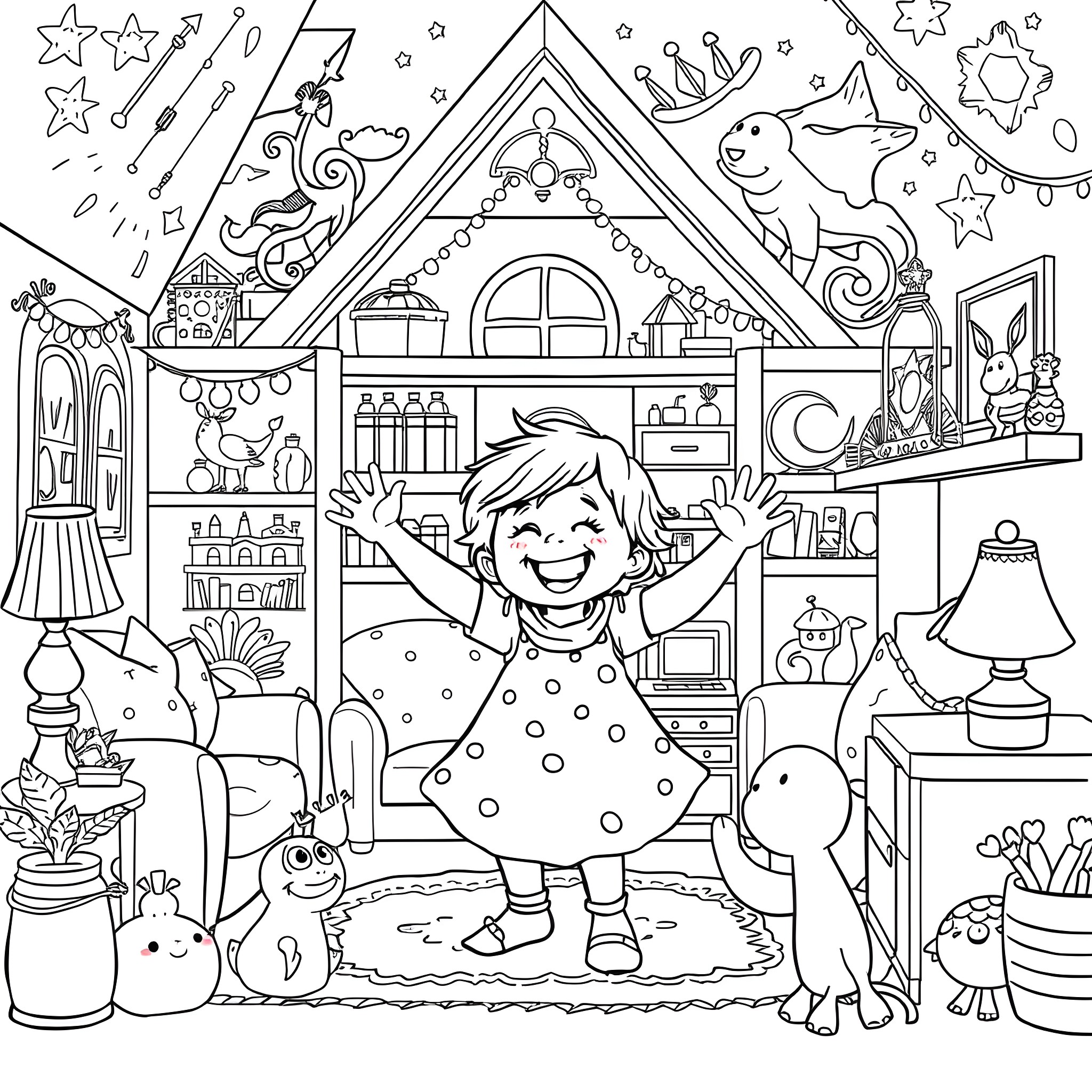 Gabby's Dollhouse: Joyful Girl Plays in Her Whimsical Dollhouse Coloring Page (free black-and-white line drawing printable PDF for all, from beginners to advanced learners, including children, teens, adults, and seniors)