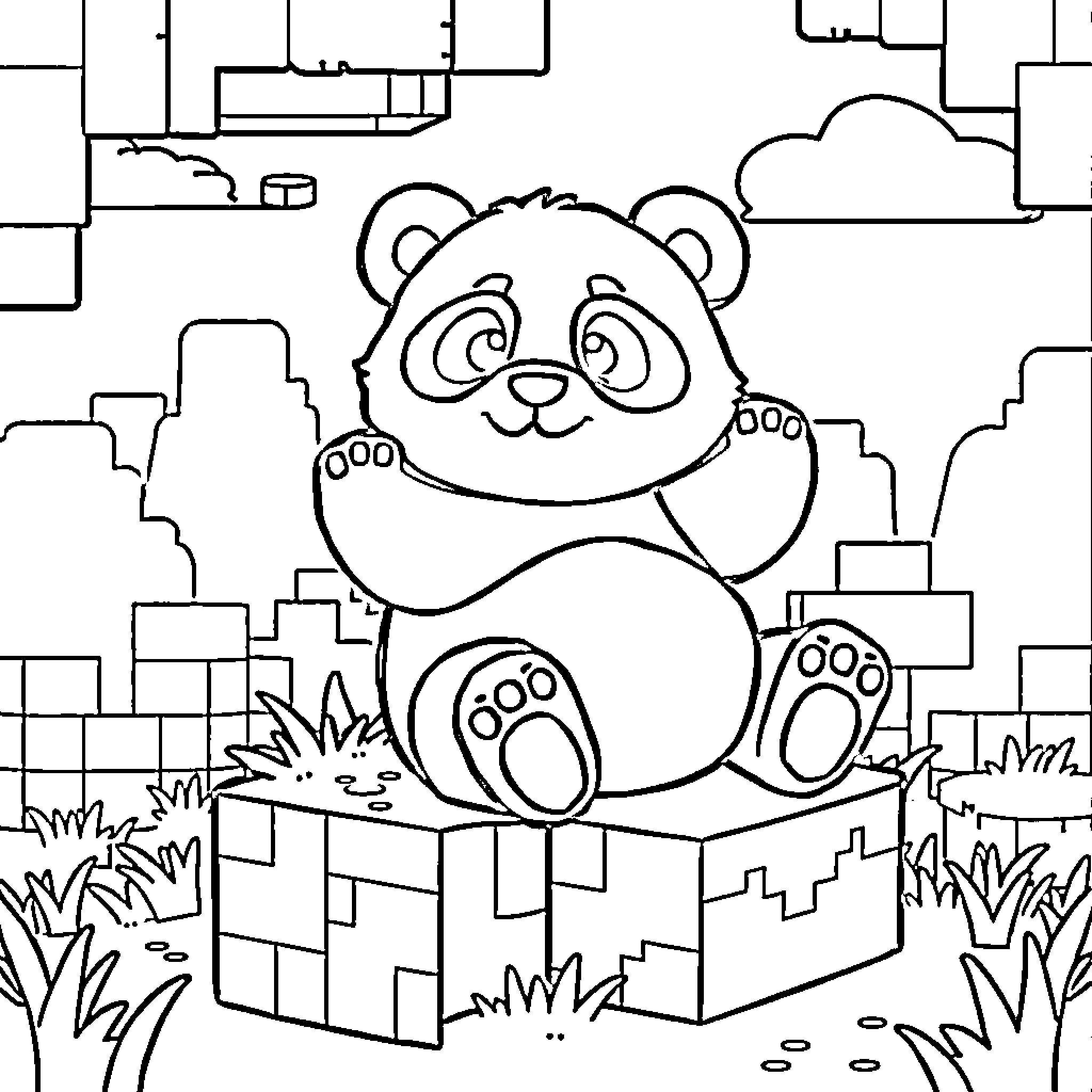 Panda sitting happily on a platform Coloring Page (free black-and-white line drawing printable PDF for all, from beginners to advanced learners, including children, teens, adults, and seniors)