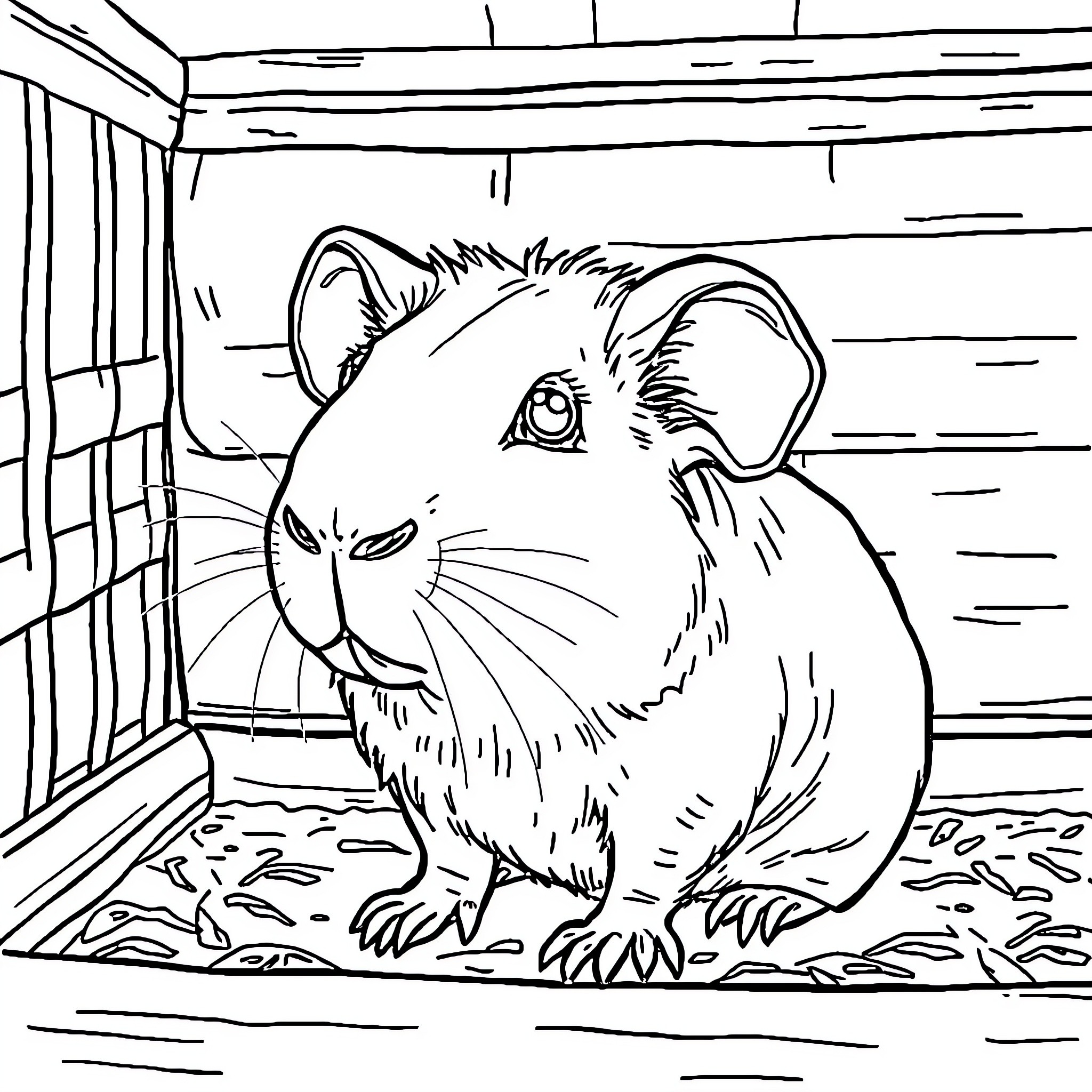 Guinea Pig Resting in a Cozy Hutch Coloring Page (free black-and-white line drawing printable PDF for all, from beginners to advanced learners, including children, teens, adults, and seniors)