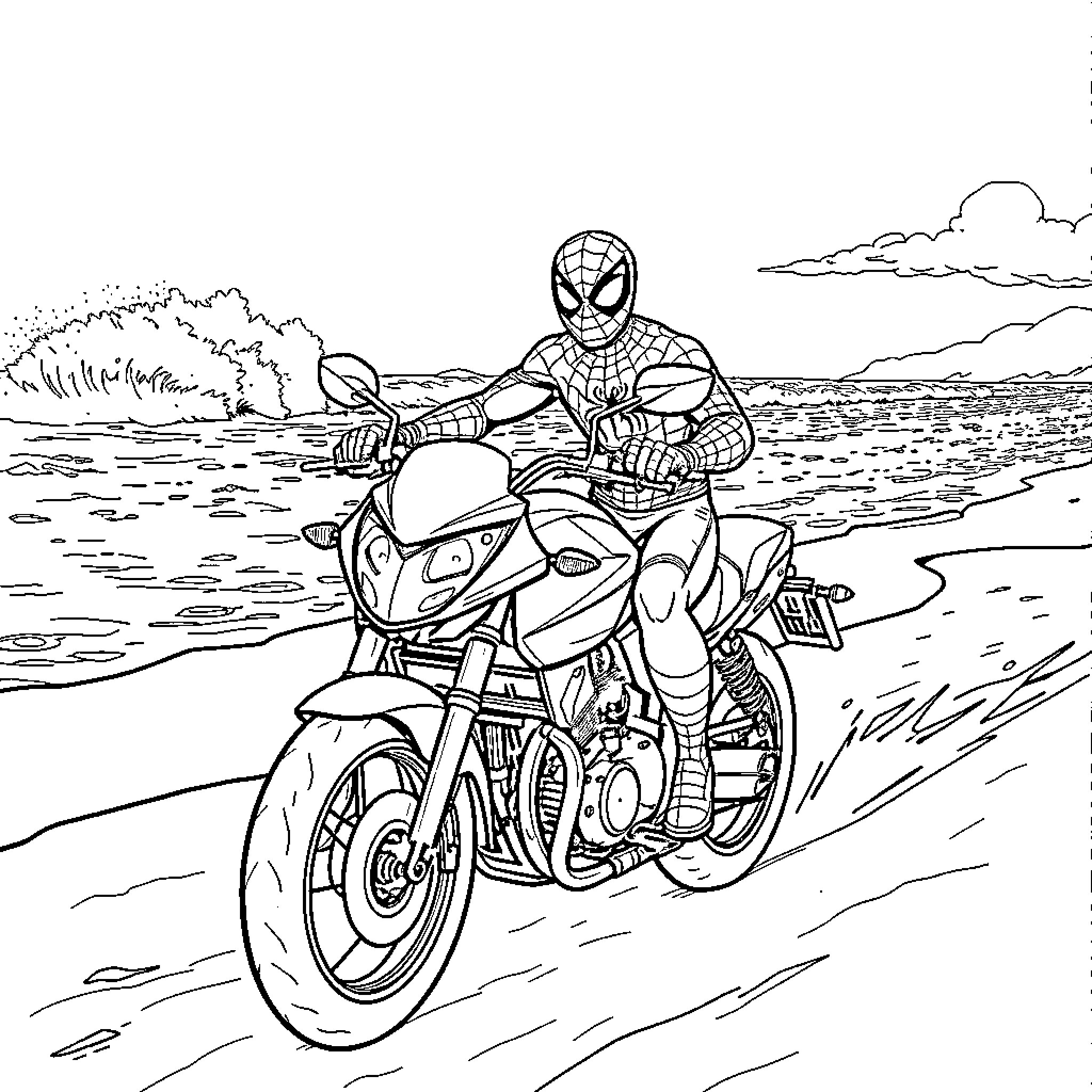 Spider-Man riding a motorcycle along the coast Coloring Page (free black-and-white line drawing printable PDF for all, from beginners to advanced learners, including children, teens, adults, and seniors)