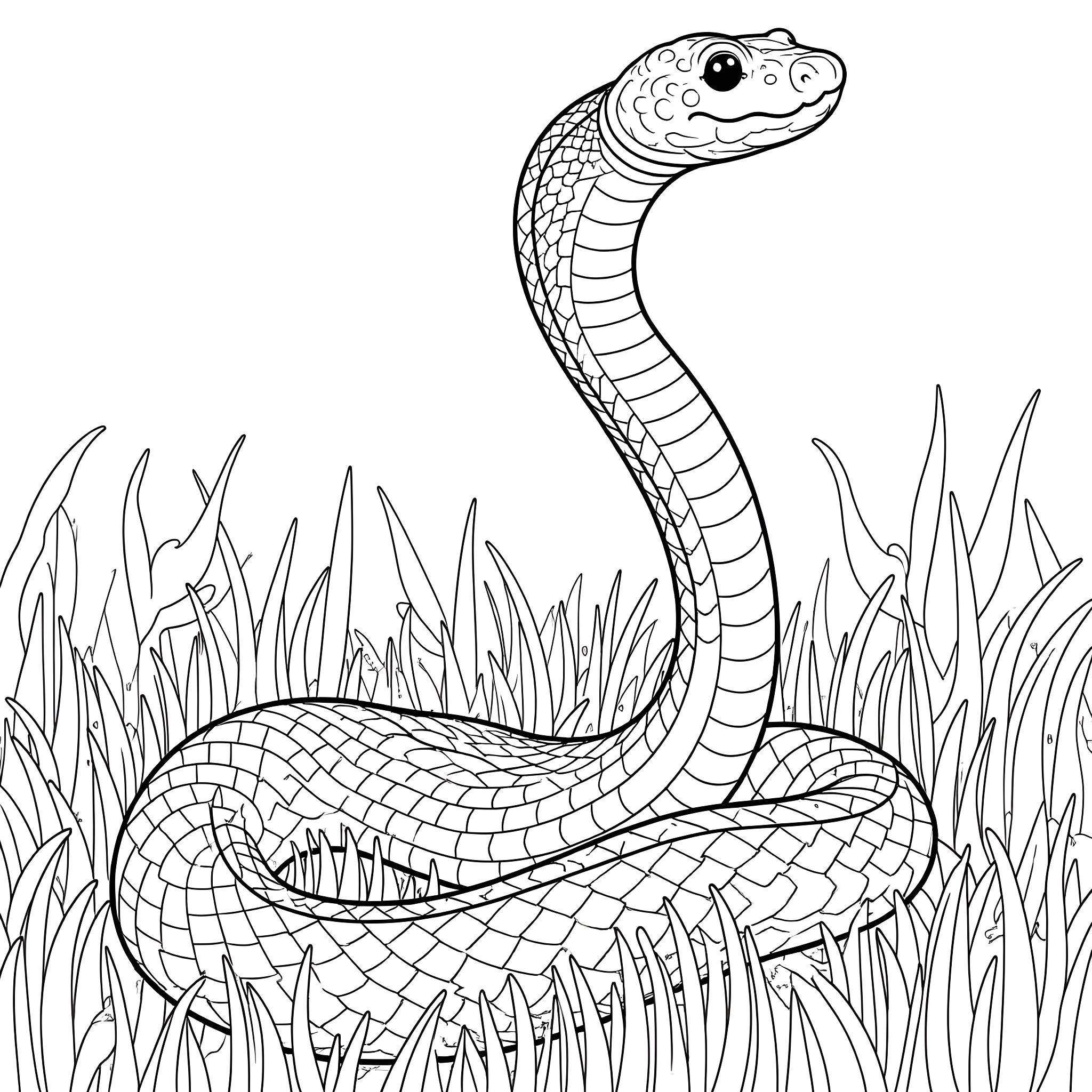 Snake coiled and ready to strike in the grass Coloring Page (free black-and-white line drawing printable PDF for all, from beginners to advanced learners, including children, teens, adults, and seniors)