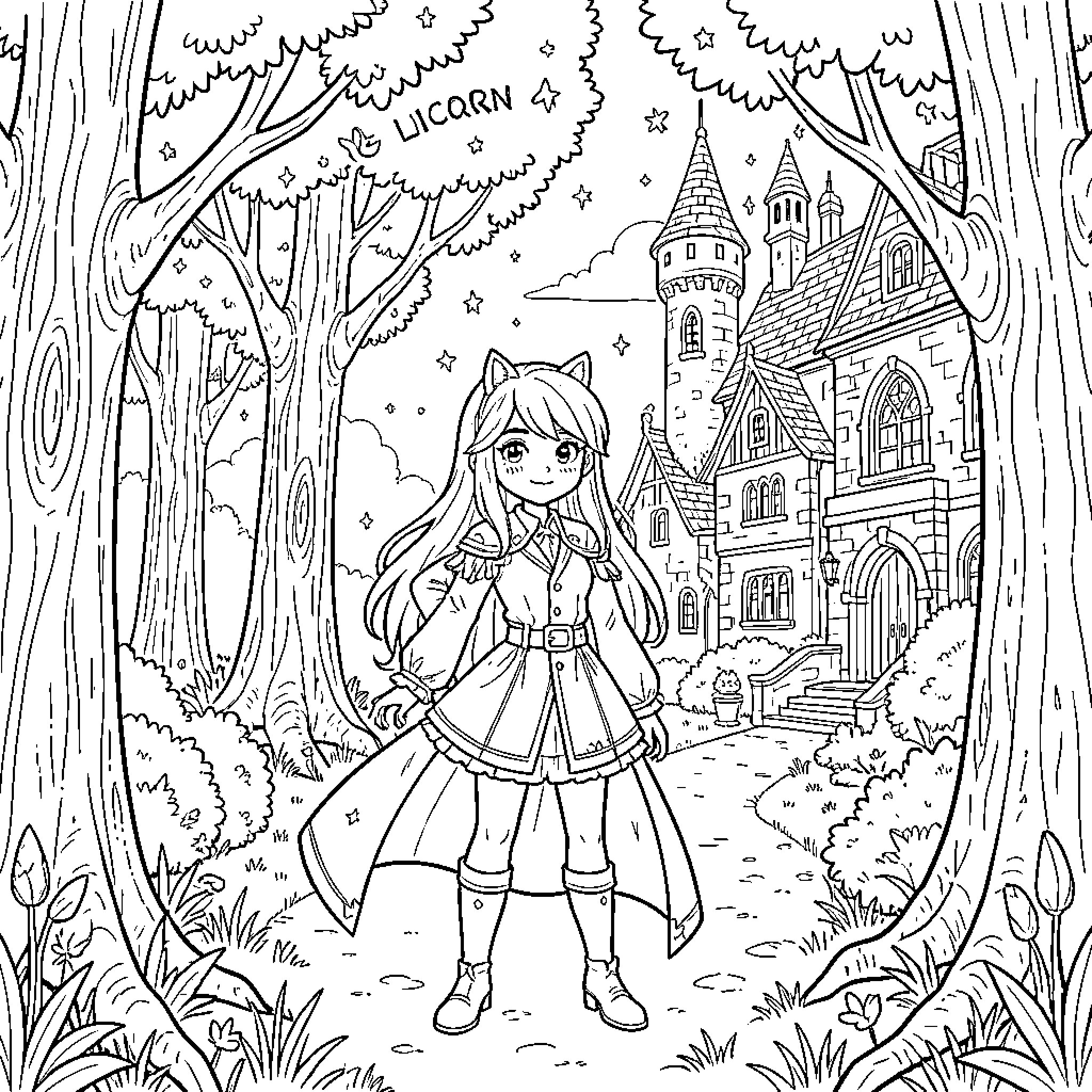 Ava standing in a magical forest near a castle Coloring Page (free black-and-white line drawing printable PDF for all, from beginners to advanced learners, including children, teens, adults, and seniors)