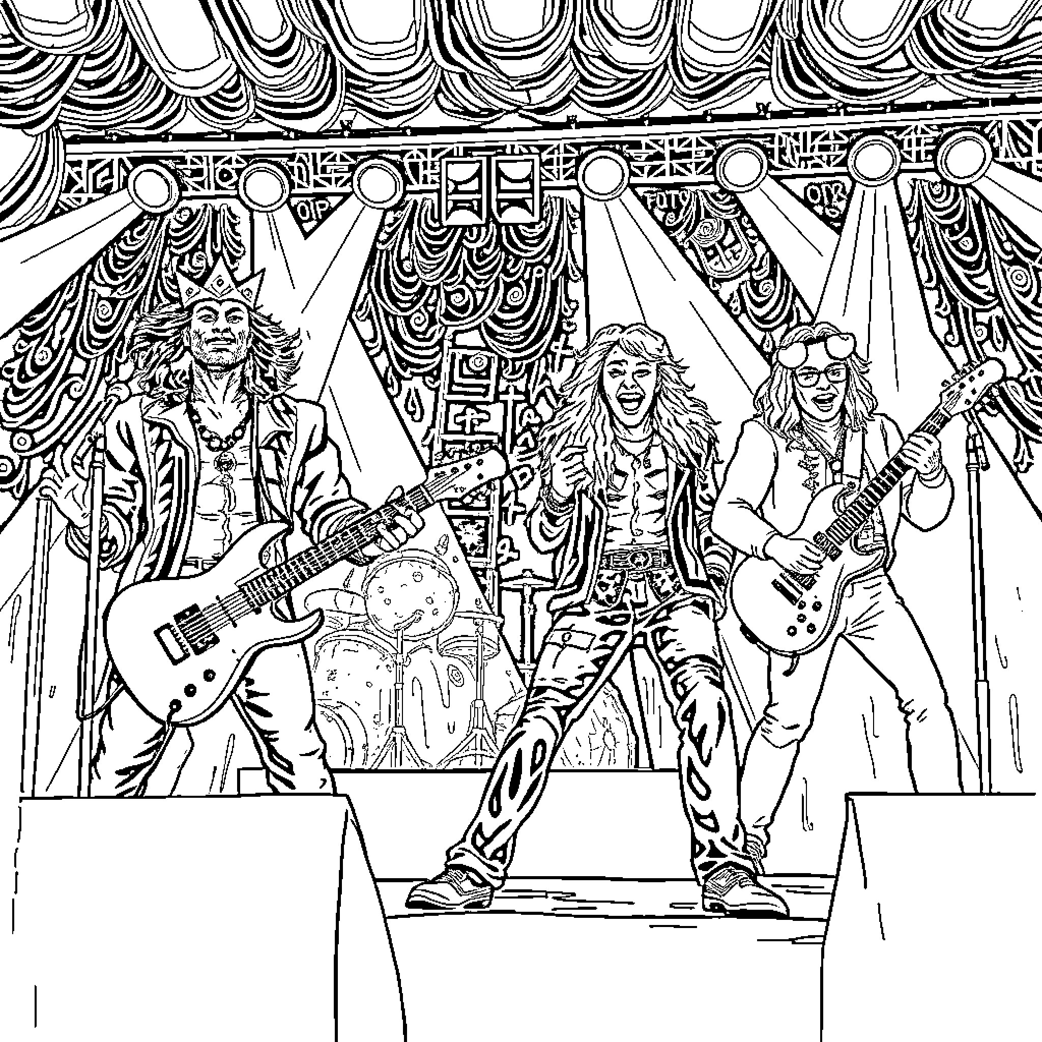 Mago de Oz band performing on stage Coloring Page (free black-and-white line drawing printable PDF for all, from beginners to advanced learners, including children, teens, adults, and seniors)