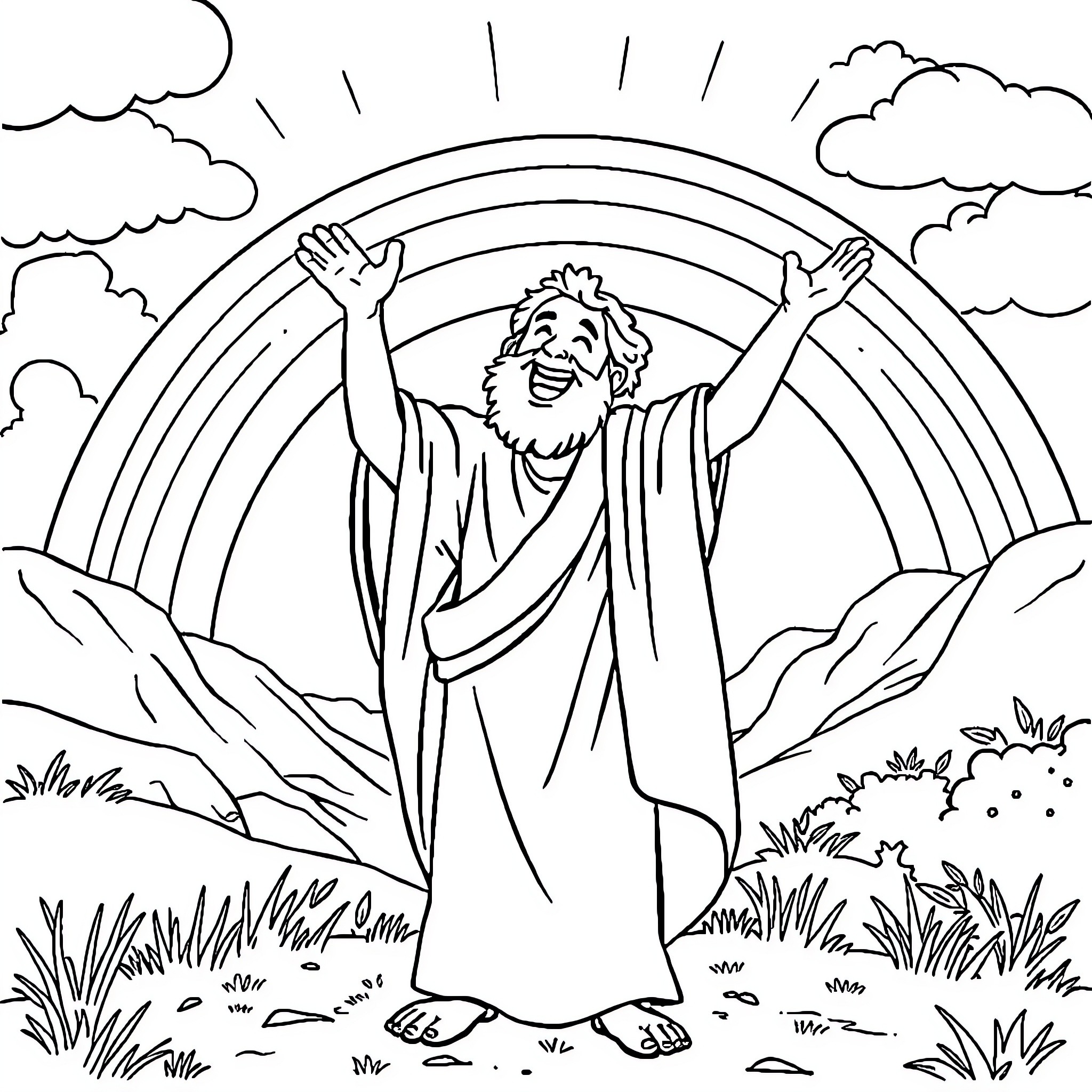 Moses Rejoicing Under the Rainbow Coloring Page (free black-and-white line drawing printable PDF for all, from beginners to advanced learners, including children, teens, adults, and seniors)