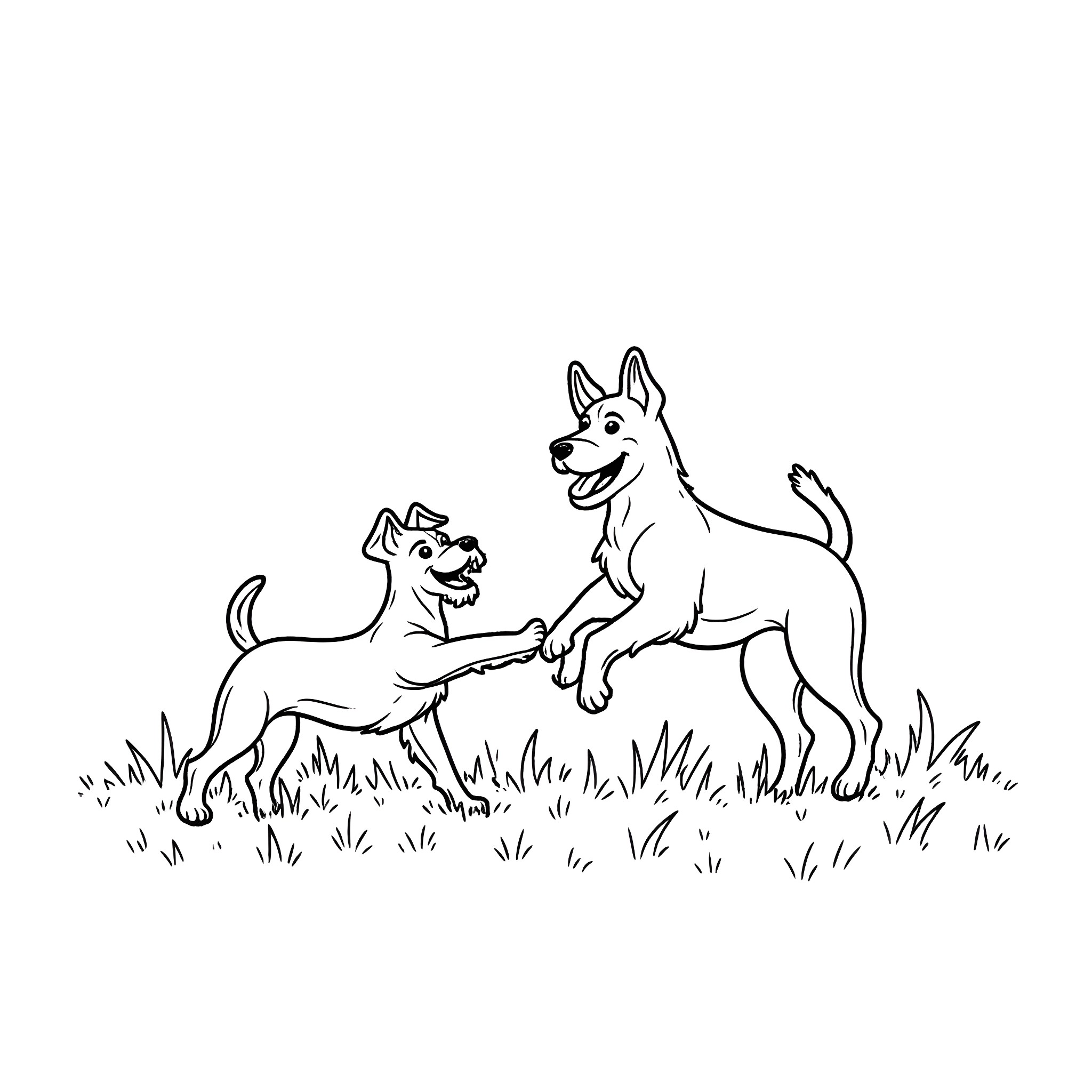 Dogs playing together in the grass Coloring Page (free black-and-white line drawing printable PDF for all, from beginners to advanced learners, including children, teens, adults, and seniors)