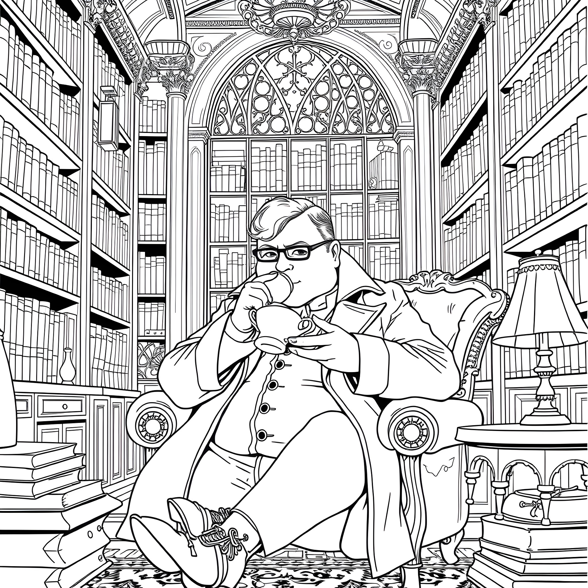 Detective examines clues in grand library Coloring Page (free black-and-white line drawing printable PDF for all, from beginners to advanced learners, including children, teens, adults, and seniors)