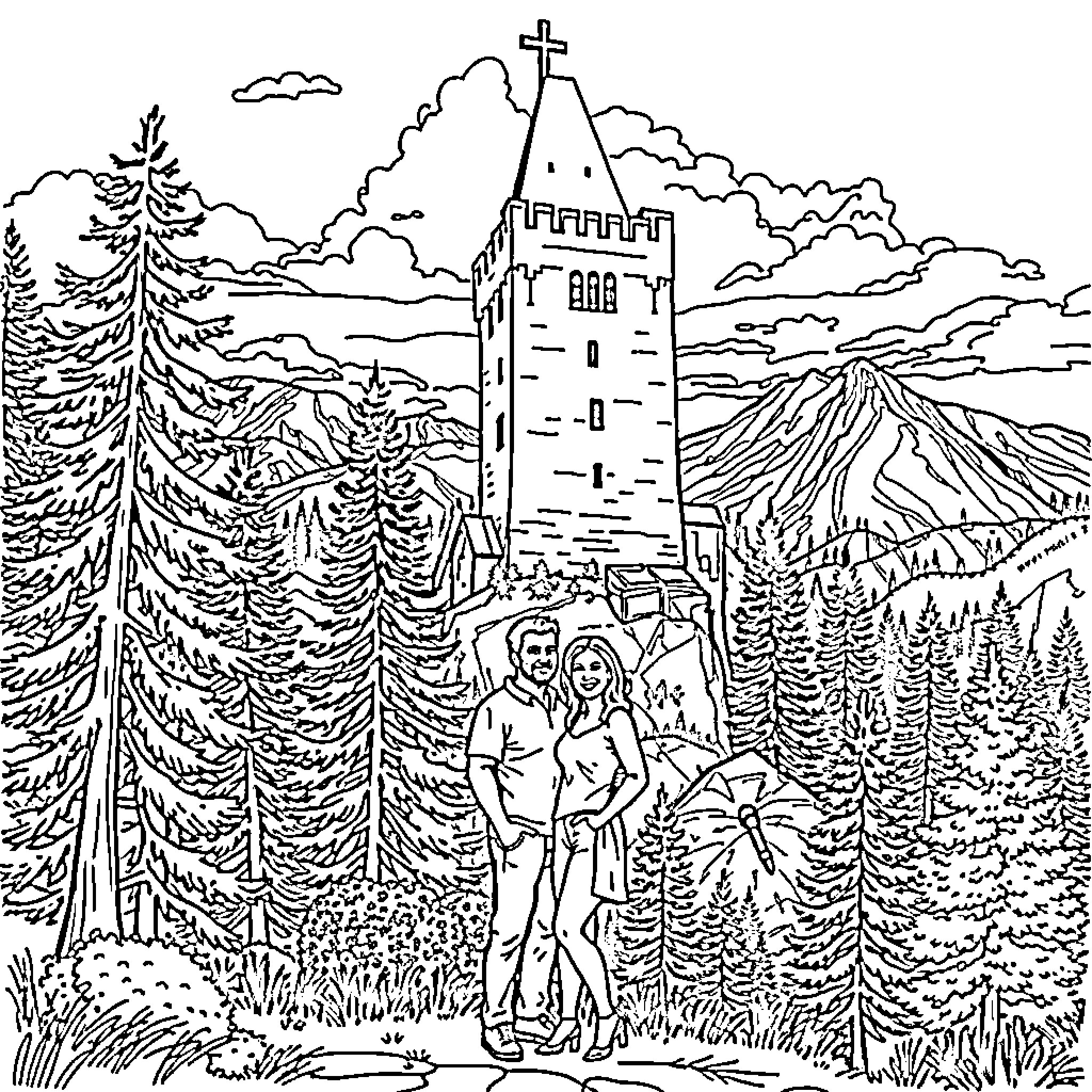 Couple exploring medieval castle in scenic mountain landscape Coloring Page (free black-and-white line drawing printable PDF for all, from beginners to advanced learners, including children, teens, adults, and seniors)