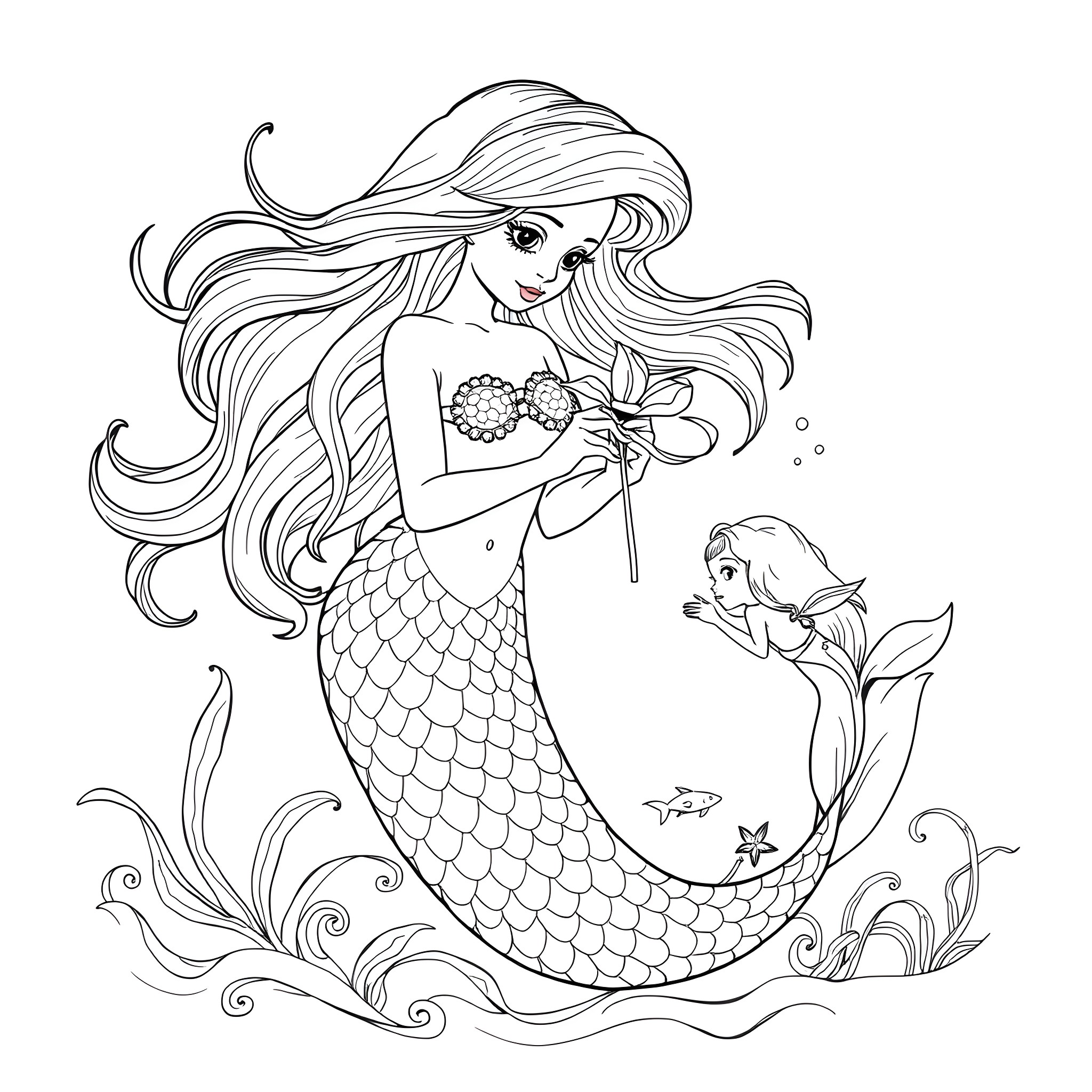 Mermaid enjoying nature's beauty with marine companion Coloring Page (free black-and-white line drawing printable PDF for all, from beginners to advanced learners, including children, teens, adults, and seniors)