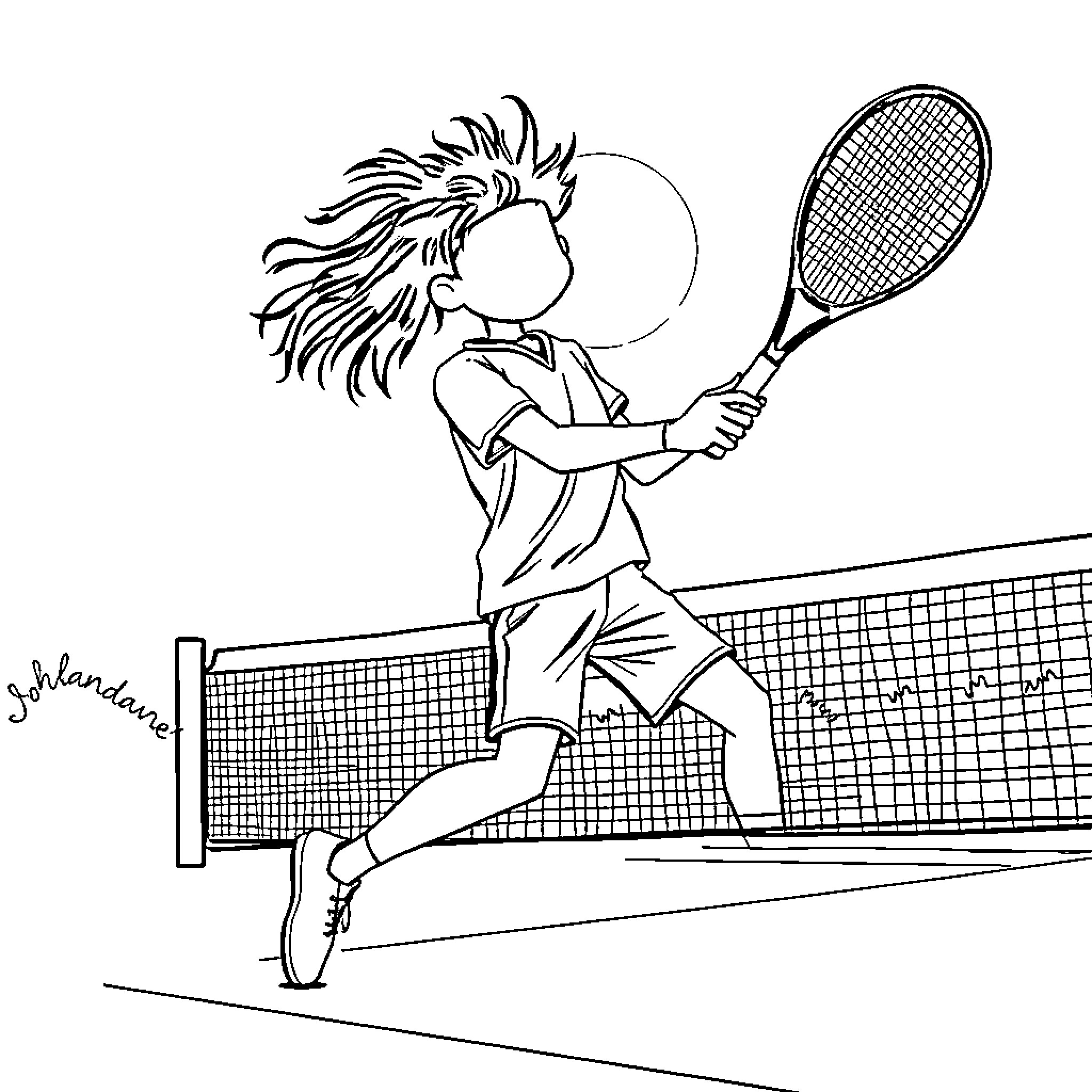 Shadow of a Determined Tennis Player Swinging Racket Coloring Page (free black-and-white line drawing printable PDF for all, from beginners to advanced learners, including children, teens, adults, and seniors)