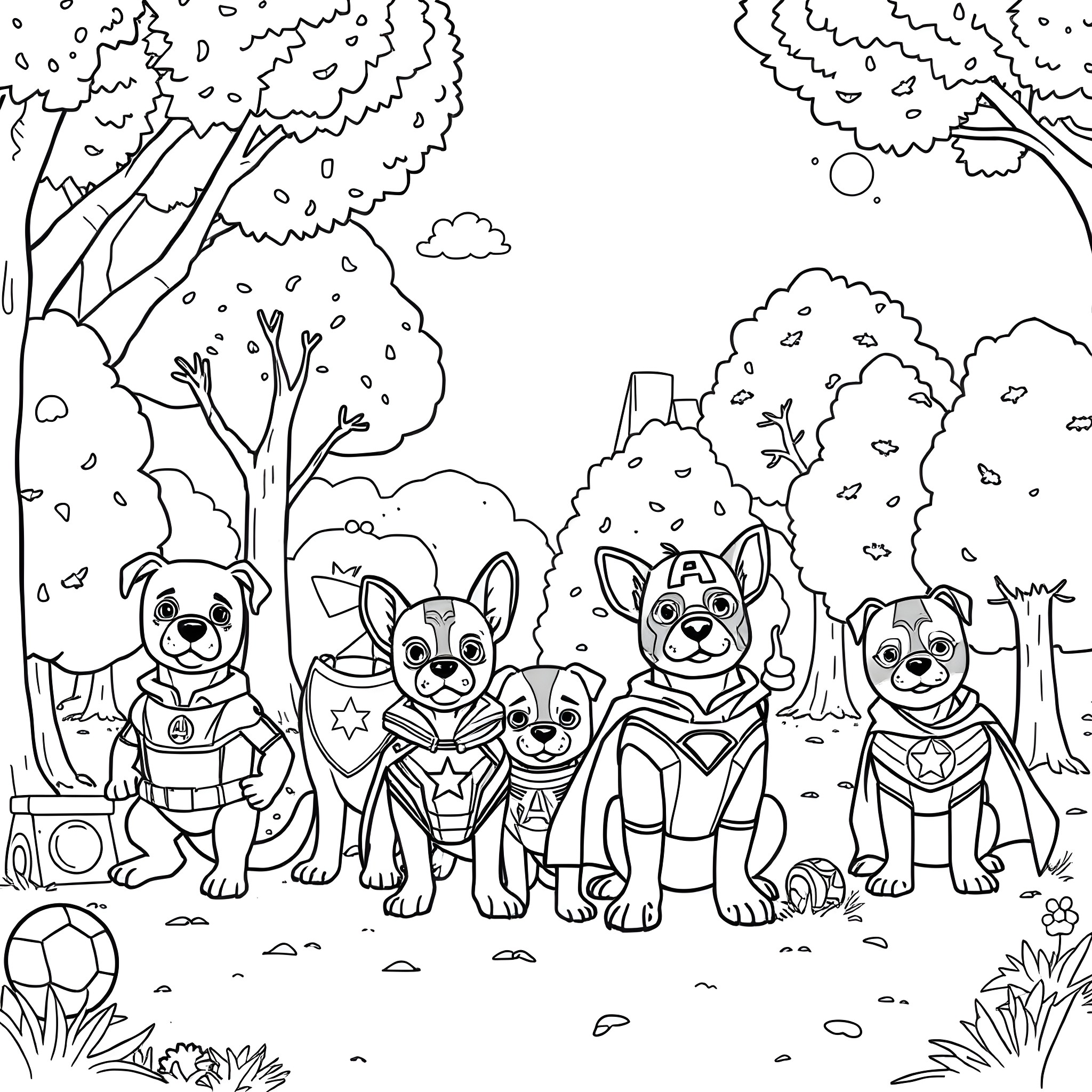 Dog Superheroes Gather in the Park Coloring Page (free black-and-white line drawing printable PDF for all, from beginners to advanced learners, including children, teens, adults, and seniors)