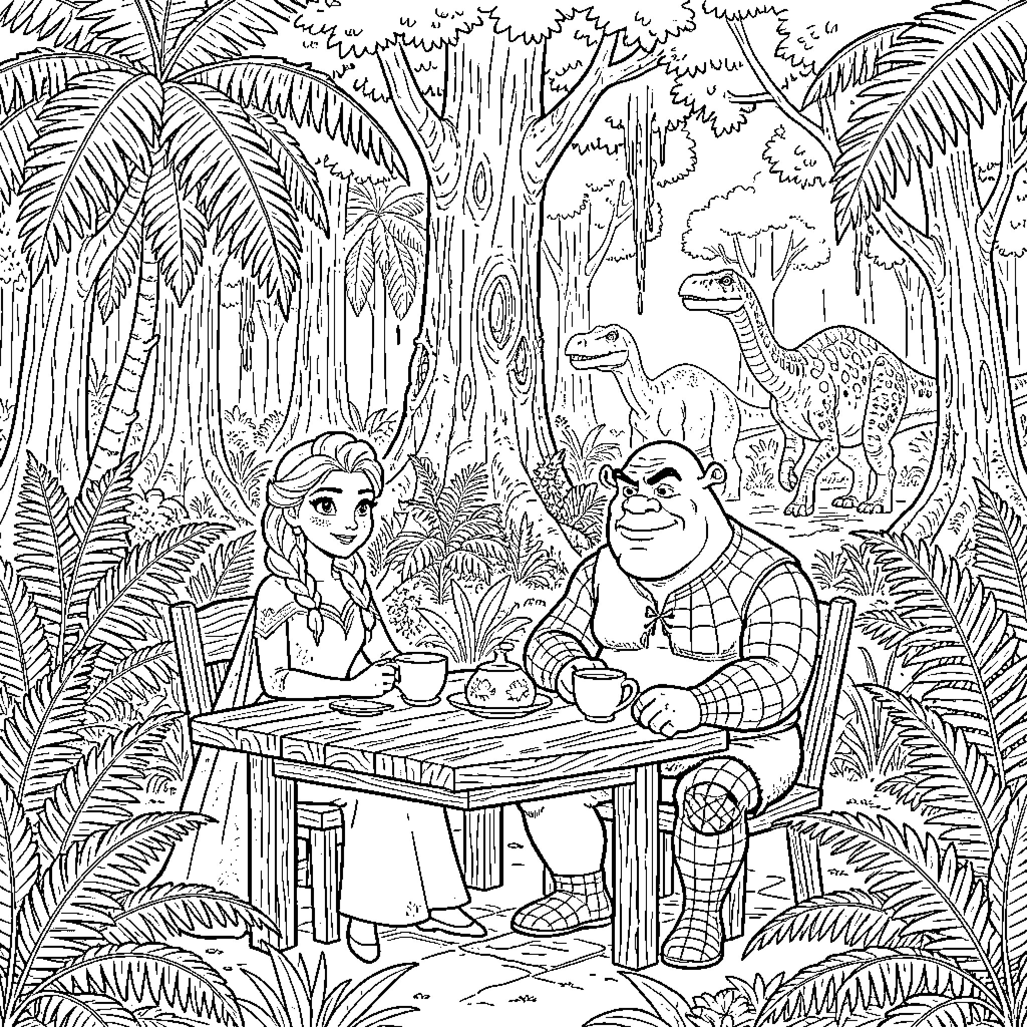 Elsa having tea with a friend in the jungle Coloring Page (free black-and-white line drawing printable PDF for all, from beginners to advanced learners, including children, teens, adults, and seniors)