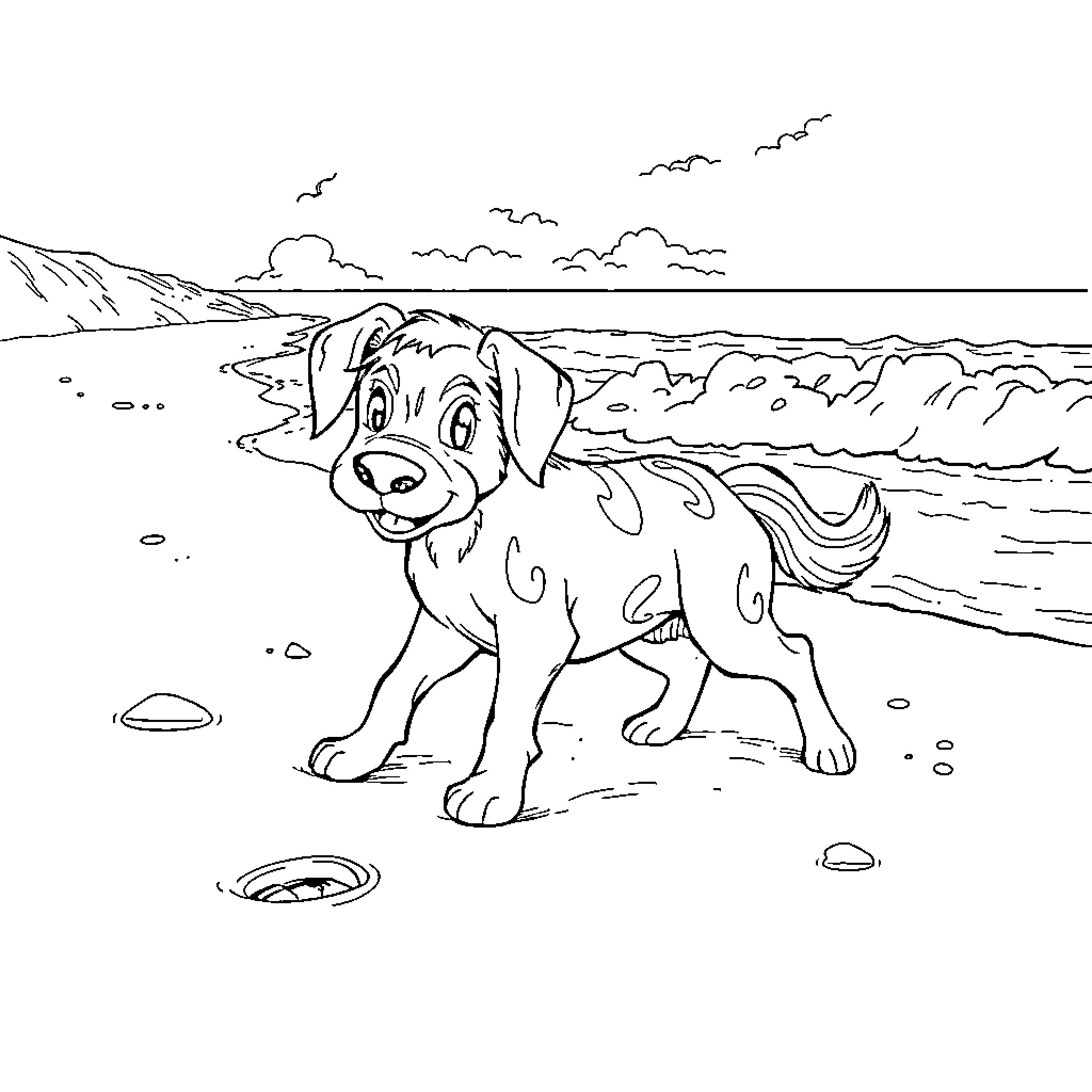 Huntrix Playful Pup at the Beach Coloring Page (free black-and-white line drawing printable PDF for all, from beginners to advanced learners, including children, teens, adults, and seniors)