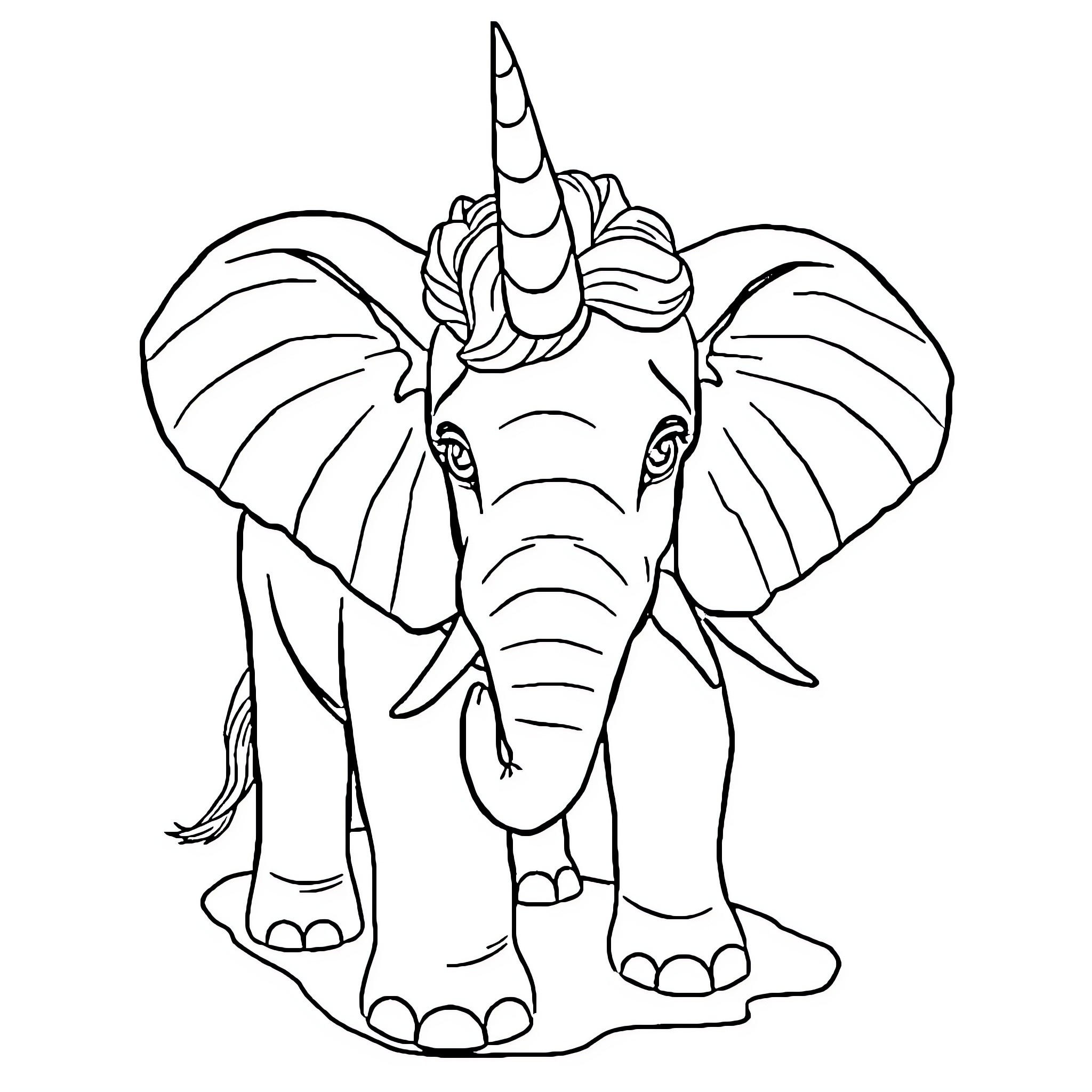 Elephanticorn with large ears and a playful stance Coloring Page (free black-and-white line drawing printable PDF for all, from beginners to advanced learners, including children, teens, adults, and seniors)
