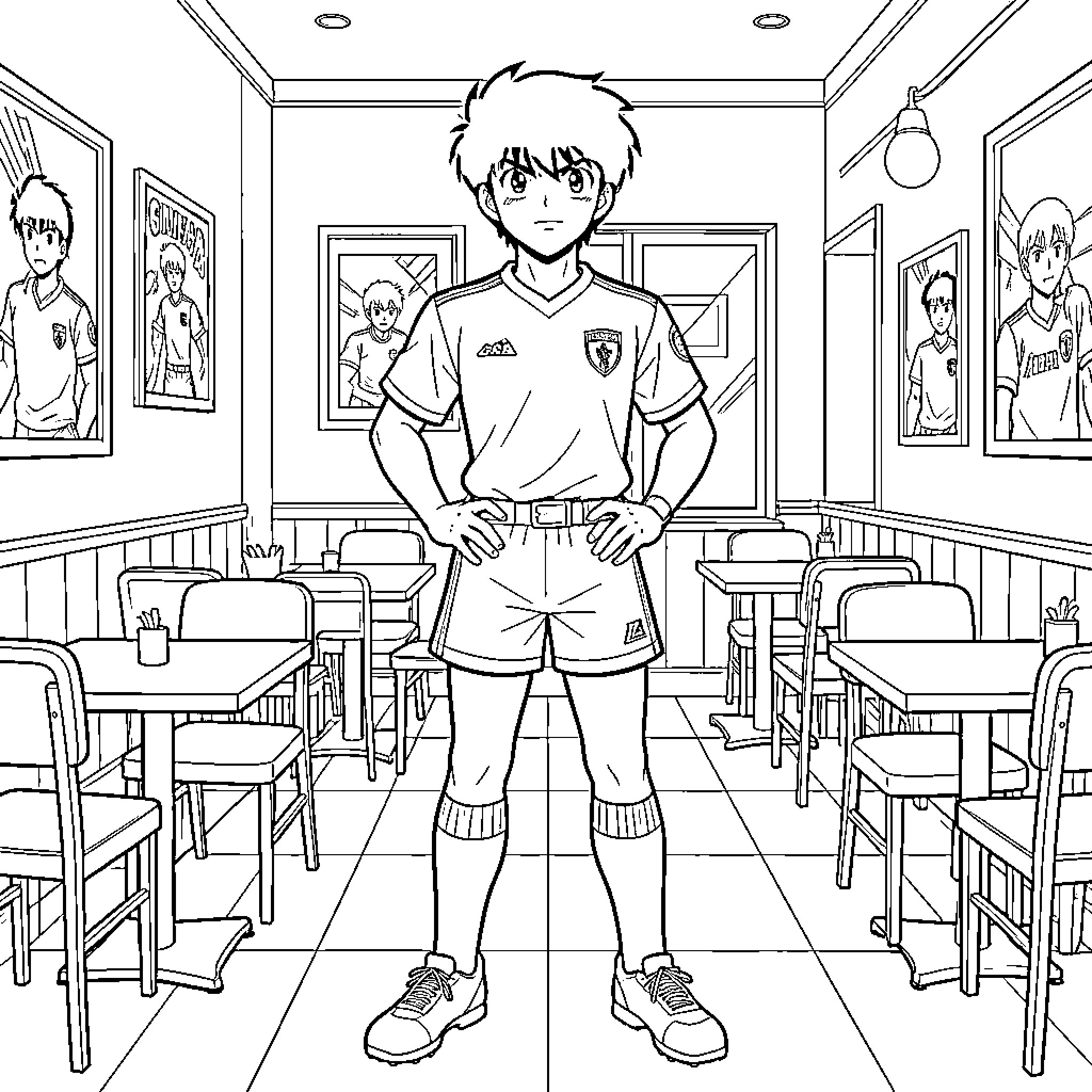 Captain Tsubasa standing confidently inside a cafe Coloring Page (free black-and-white line drawing printable PDF for all, from beginners to advanced learners, including children, teens, adults, and seniors)